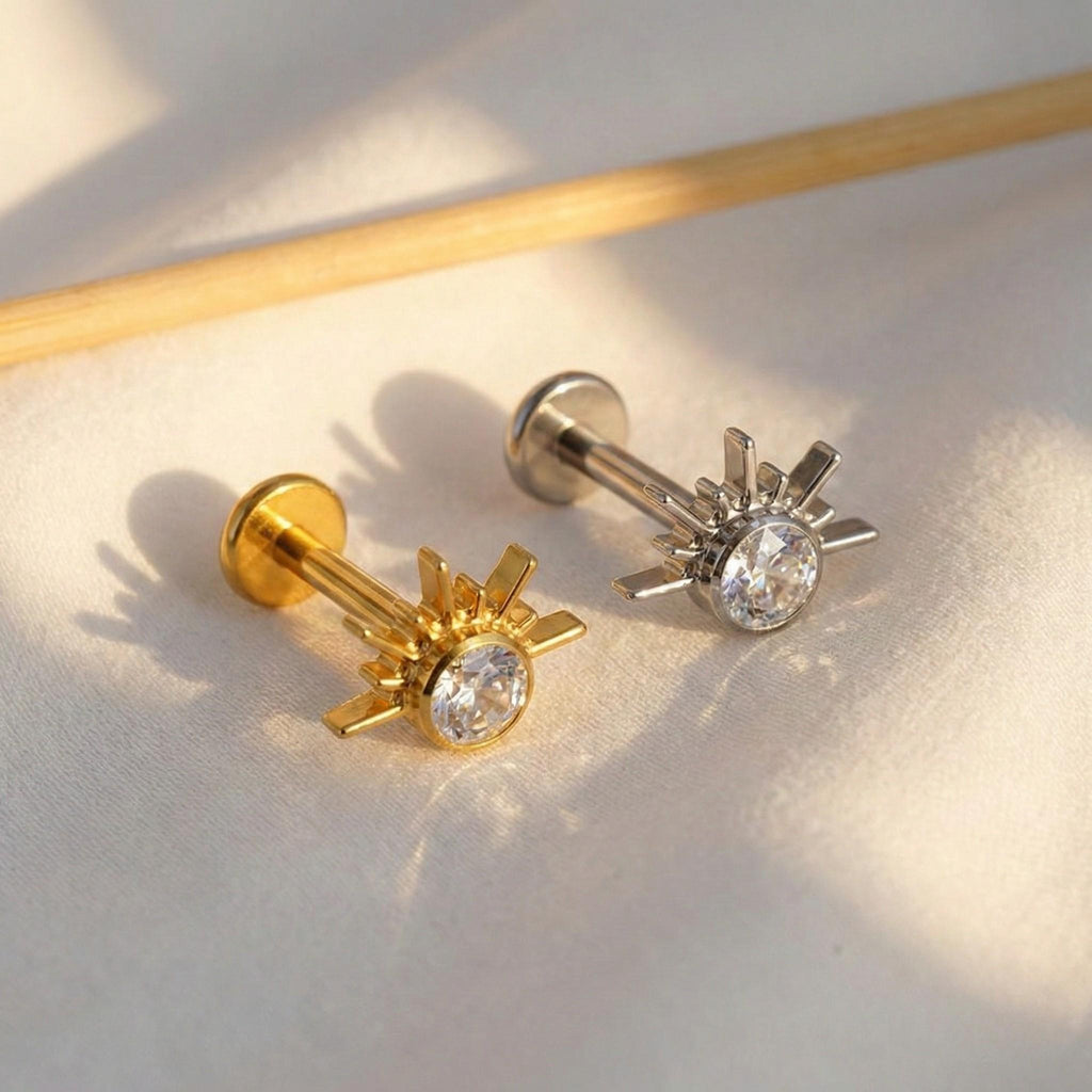 16G Titanium Half Starburst Stud, CZ Sunburst Fan Flat Back Earring, Rising Sun Helix Tragus Conch Piercing, Celestial Jewelry