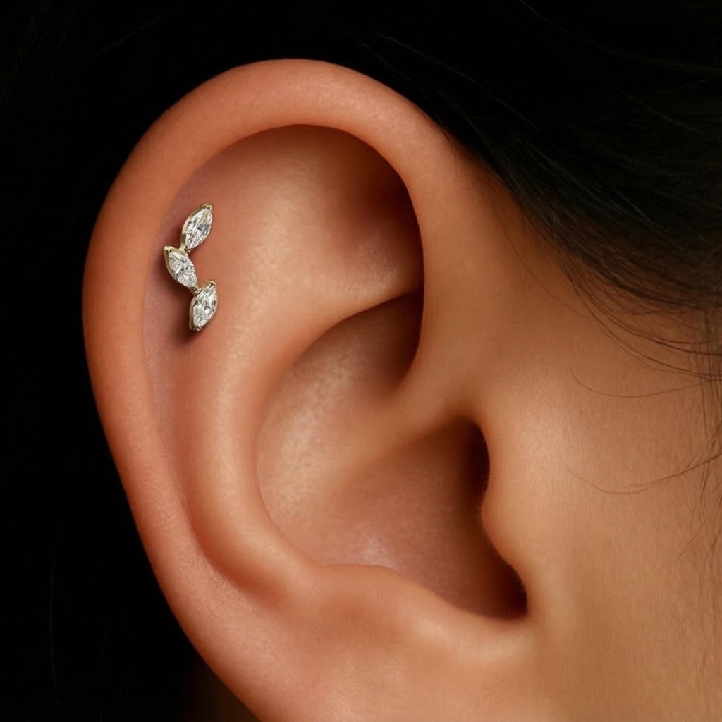 16G Titanium Triple Marquise Cluster Stud, CZ Cartilage Climber Earring, Flat Back Helix Tragus Piercing, Hypoallergenic Labret