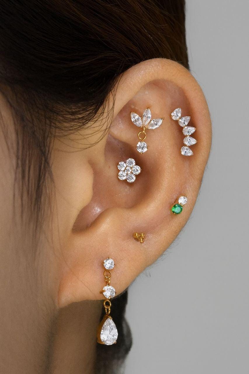 Titanium Internally Threaded Labret, Triple Marquise Fan Stud, 16G Flat Back, Helix Conch Tragus Earring, Hypoallergenic