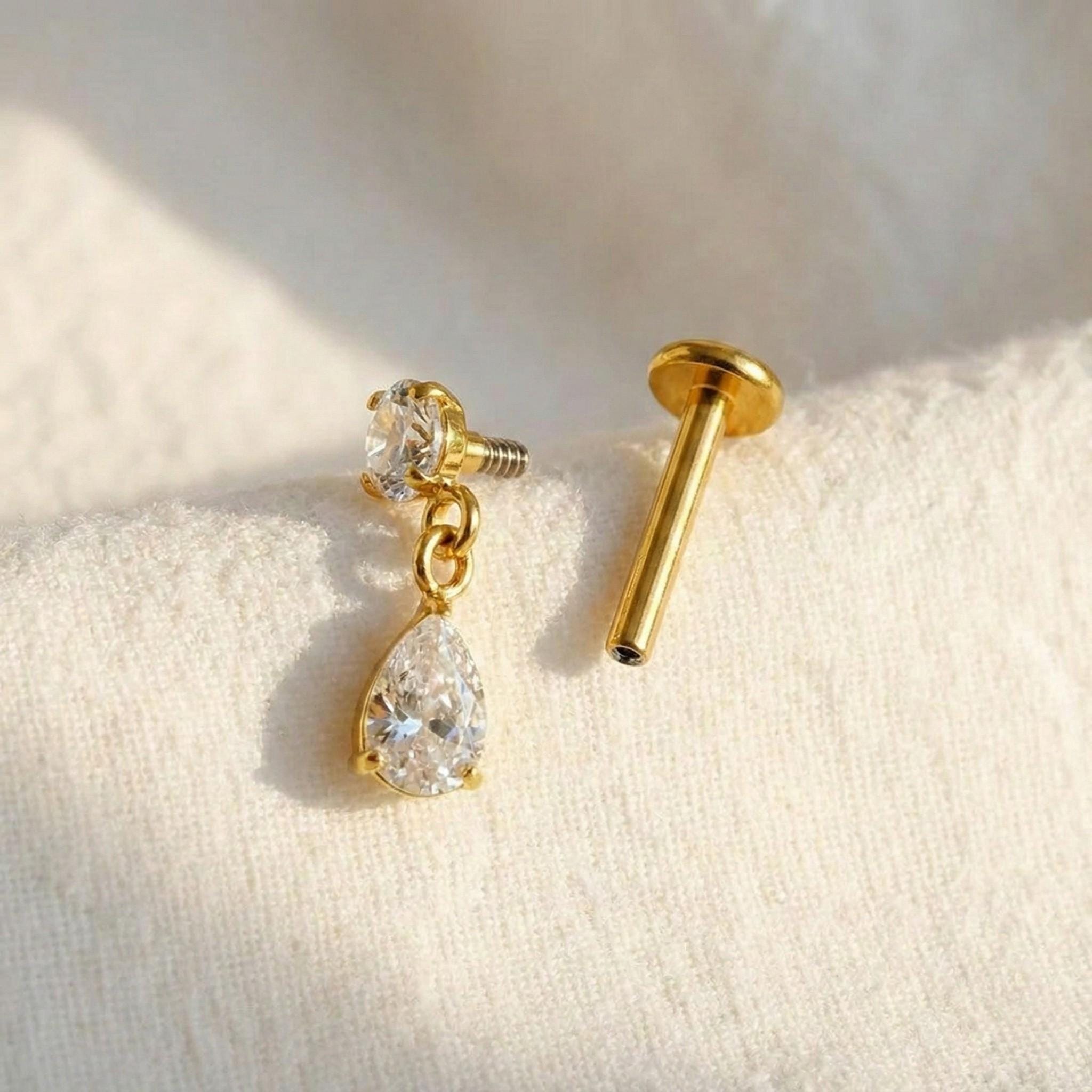 16G Titanium Teardrop Dangle Stud, Waterdrop CZ Flat Back Labret, Helix Tragus Cartilage Earring, Hypoallergenic Drop Piercing
