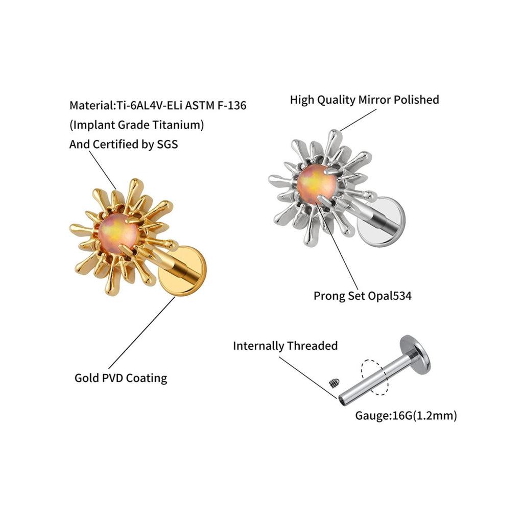 16G Titanium Blue Opal Sun Labret Earring – Flat Back Cartilage Helix Tragus Nose Piercing Jewelry Sunshine Stud
