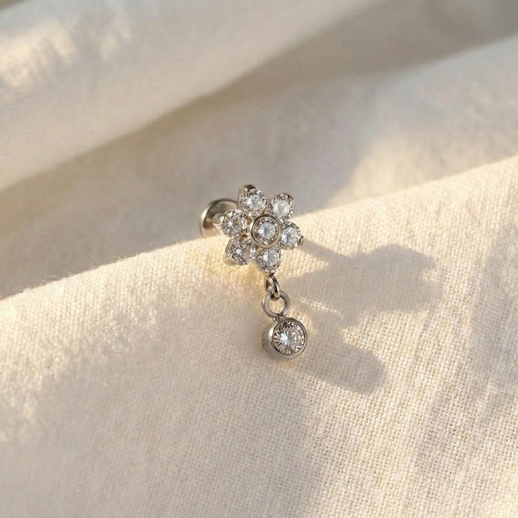 16G Titanium Flower Dangle Stud, CZ Drop Charm Flat Back Earring, Crystal Blossom Helix Tragus Lobe Piercing, Dainty Bridal Jewelry