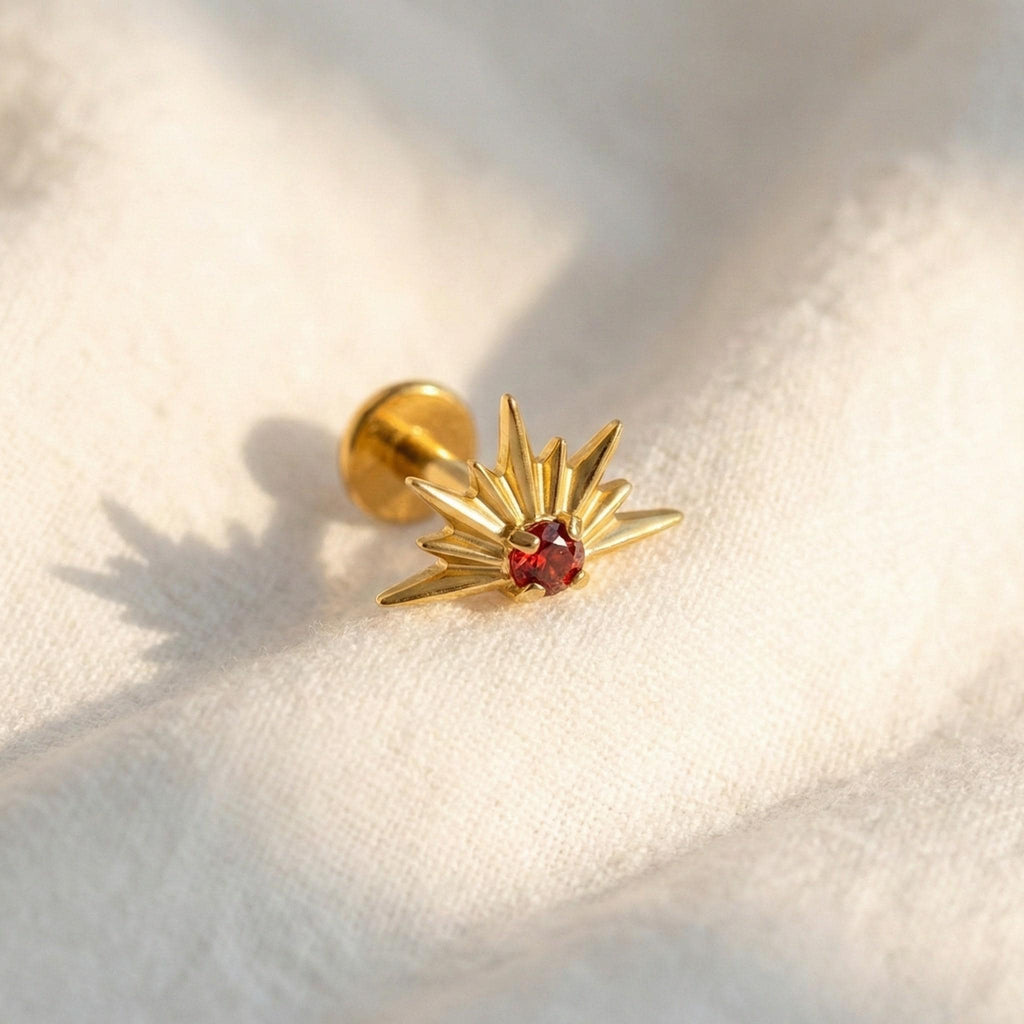 16G Titanium CZ Starburst Stud • Sunrise Flat Back Earring for Helix, Tragus, Cartilage & Monroe Piercings