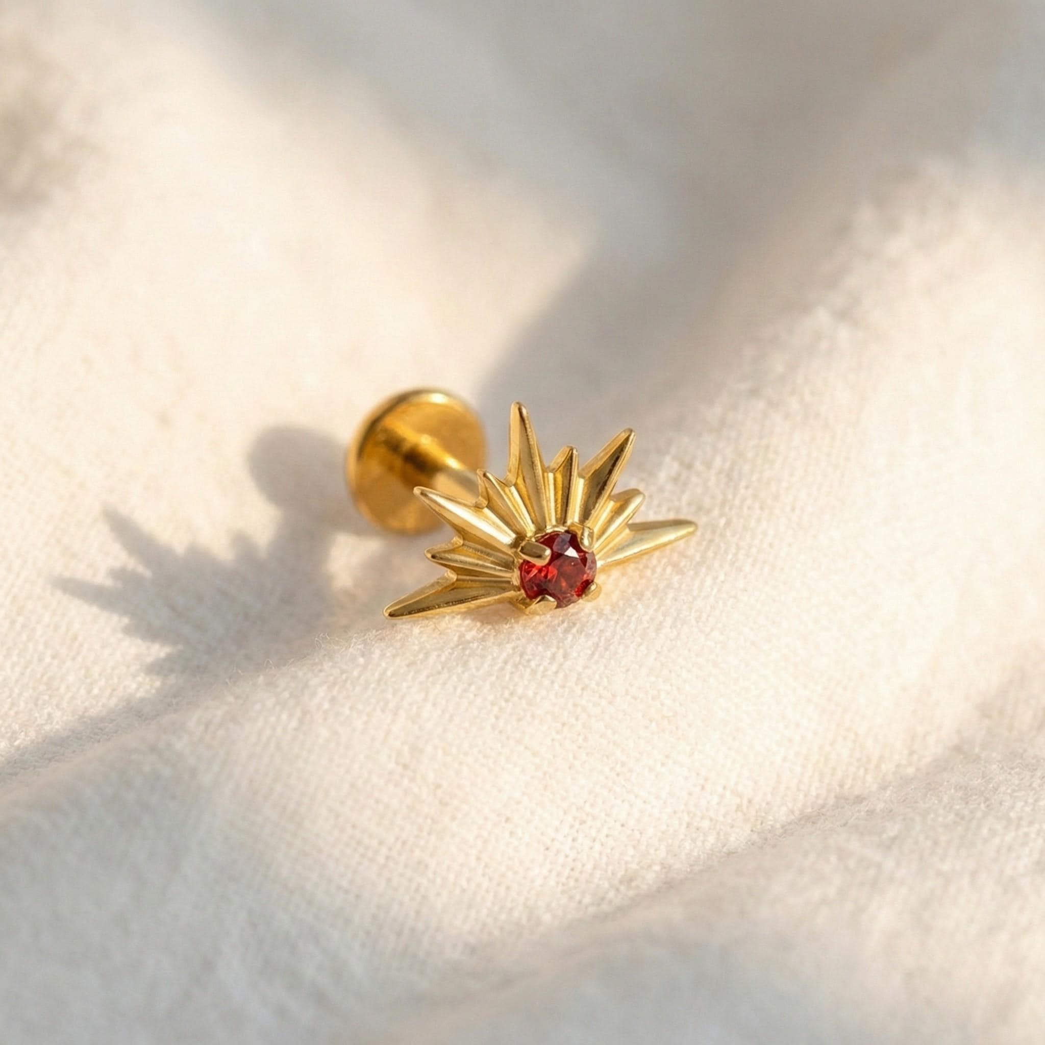 16G Titanium CZ Starburst Stud • Sunrise Flat Back Earring for Helix, Tragus, Cartilage & Monroe Piercings