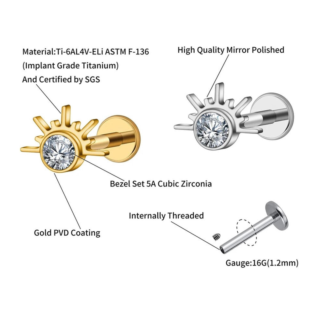 16G Titanium Half Starburst Stud, CZ Sunburst Fan Flat Back Earring, Rising Sun Helix Tragus Conch Piercing, Celestial Jewelry