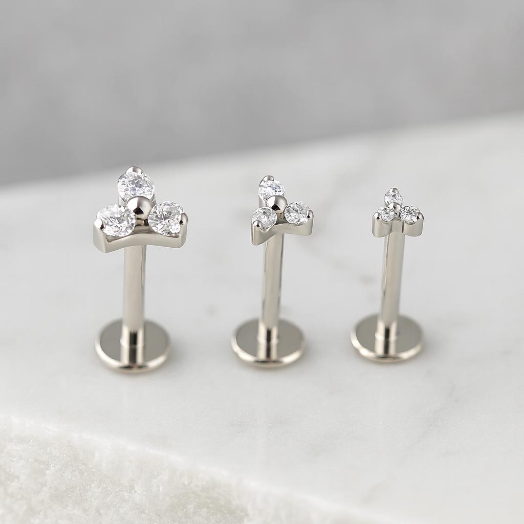 16G Titanium CZ Trinity Stud Earring • Tragus Earring • Helix • Cartilage • Internally threaded • Flat Back Earring • Gift for Her