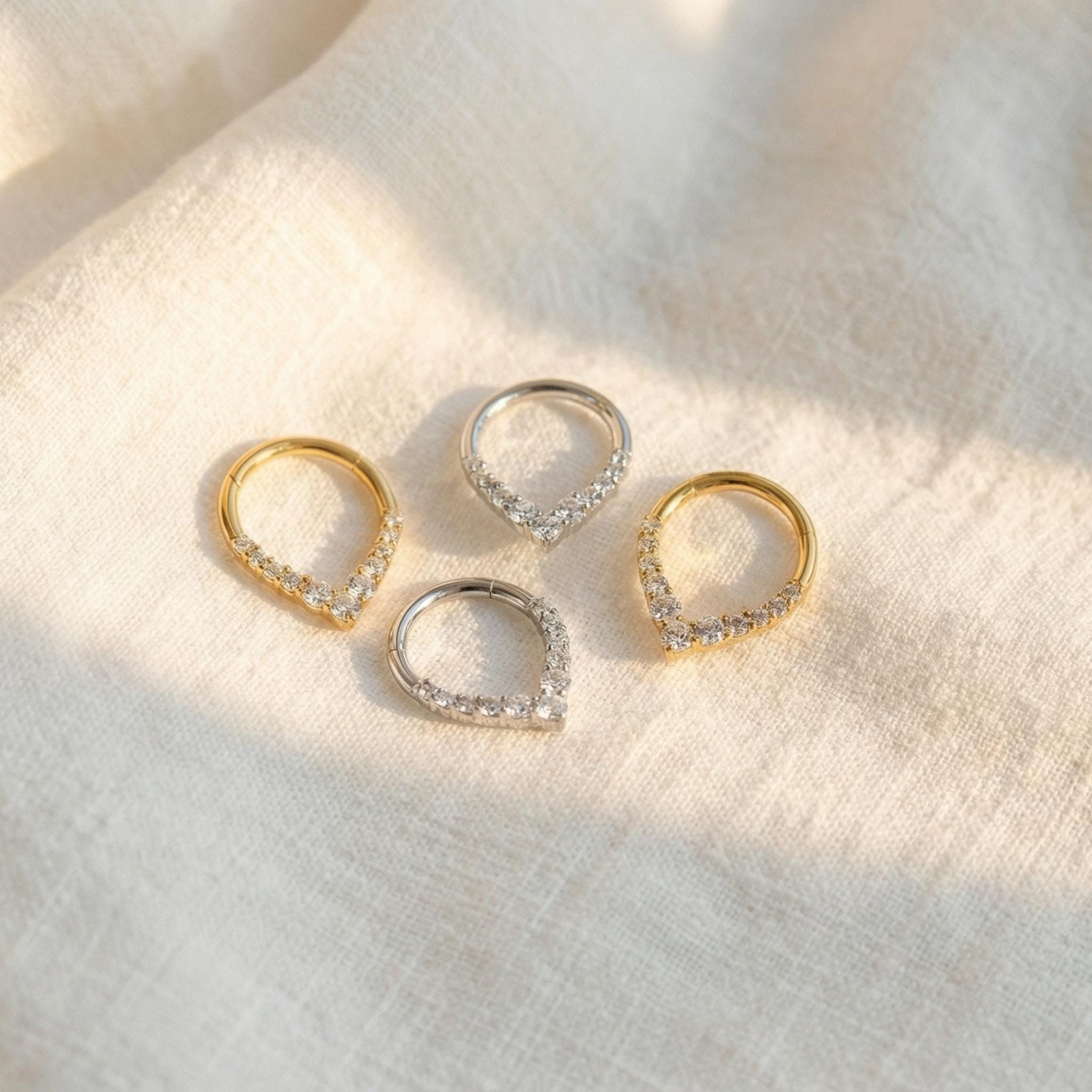 16G Titanium Teardrop Septum Clicker, CZ Daith Hoop Earring, Hinged Segment Ring, Hypoallergenic Waterdrop Nose Piercing