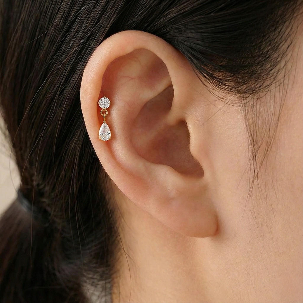 16G Titanium Teardrop Dangle Stud, Waterdrop CZ Flat Back Labret, Helix Tragus Cartilage Earring, Hypoallergenic Drop Piercing