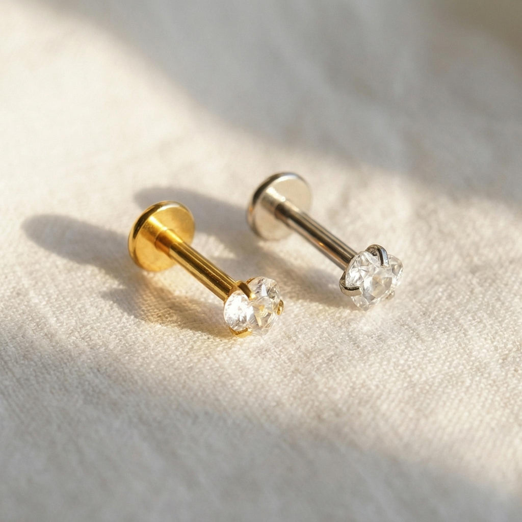 16G Titanium Heart CZ Stud, Internally Threaded Flat Back Labret, Tragus Helix Cartilage Earring, Hypoallergenic Nose Piercing