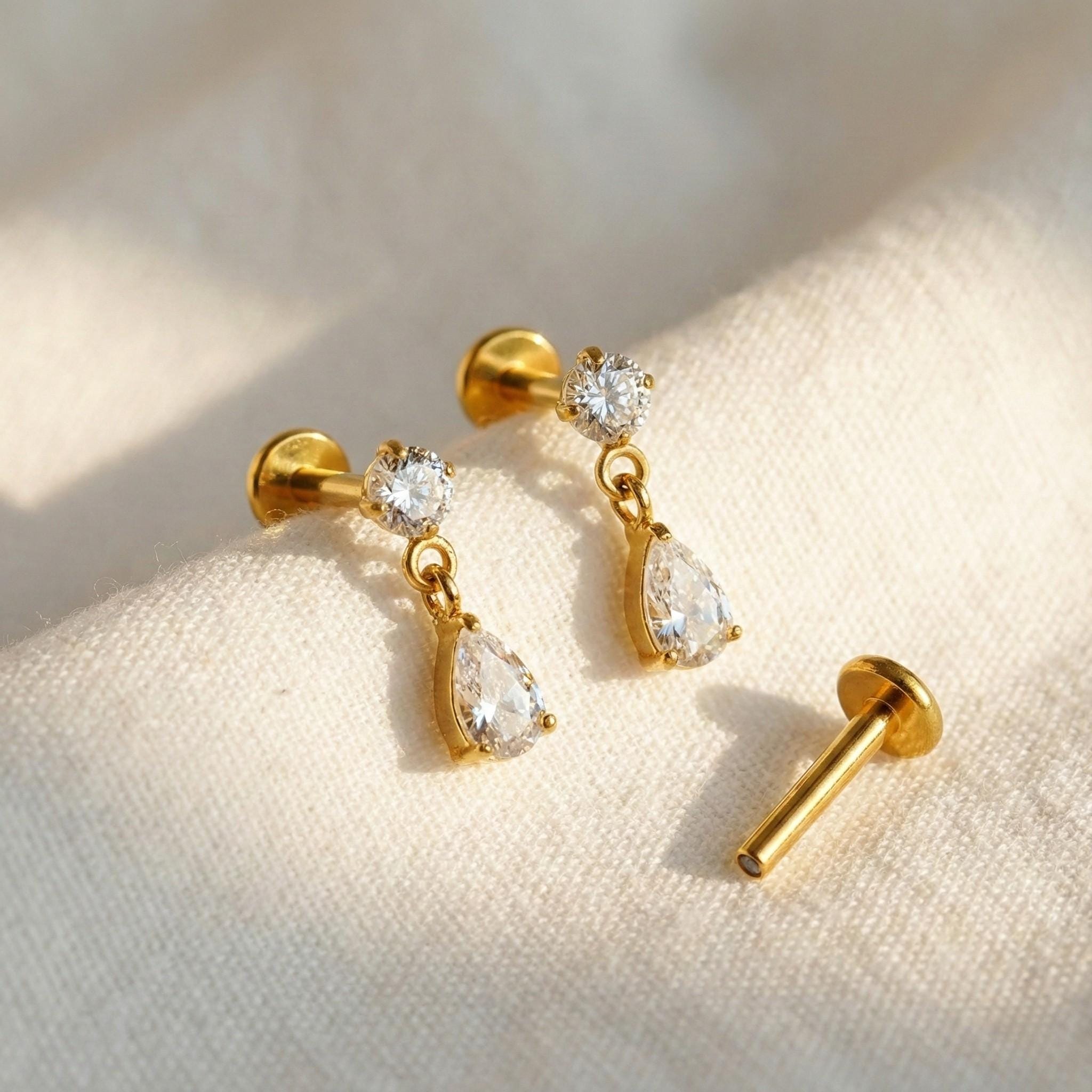 16G Titanium Teardrop Dangle Stud, Waterdrop CZ Flat Back Labret, Helix Tragus Cartilage Earring, Hypoallergenic Drop Piercing