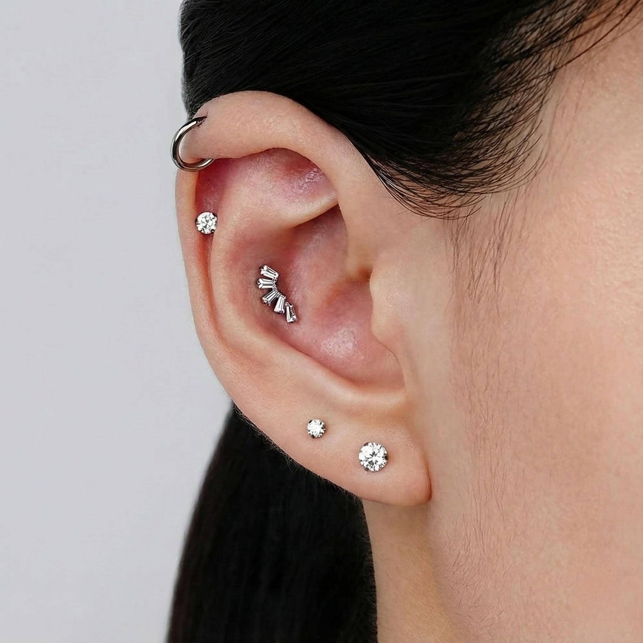 Titanium Baguette CZ Labret, 16G Trapezoid Cluster Stud, Tragus Helix Conch Cartilage Earring, Hypoallergenic Flat Back