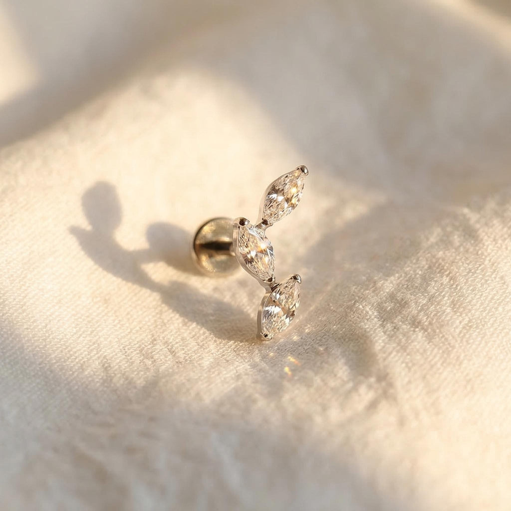 16G Titanium Triple Marquise Cluster Stud, CZ Cartilage Climber Earring, Flat Back Helix Tragus Piercing, Hypoallergenic Labret