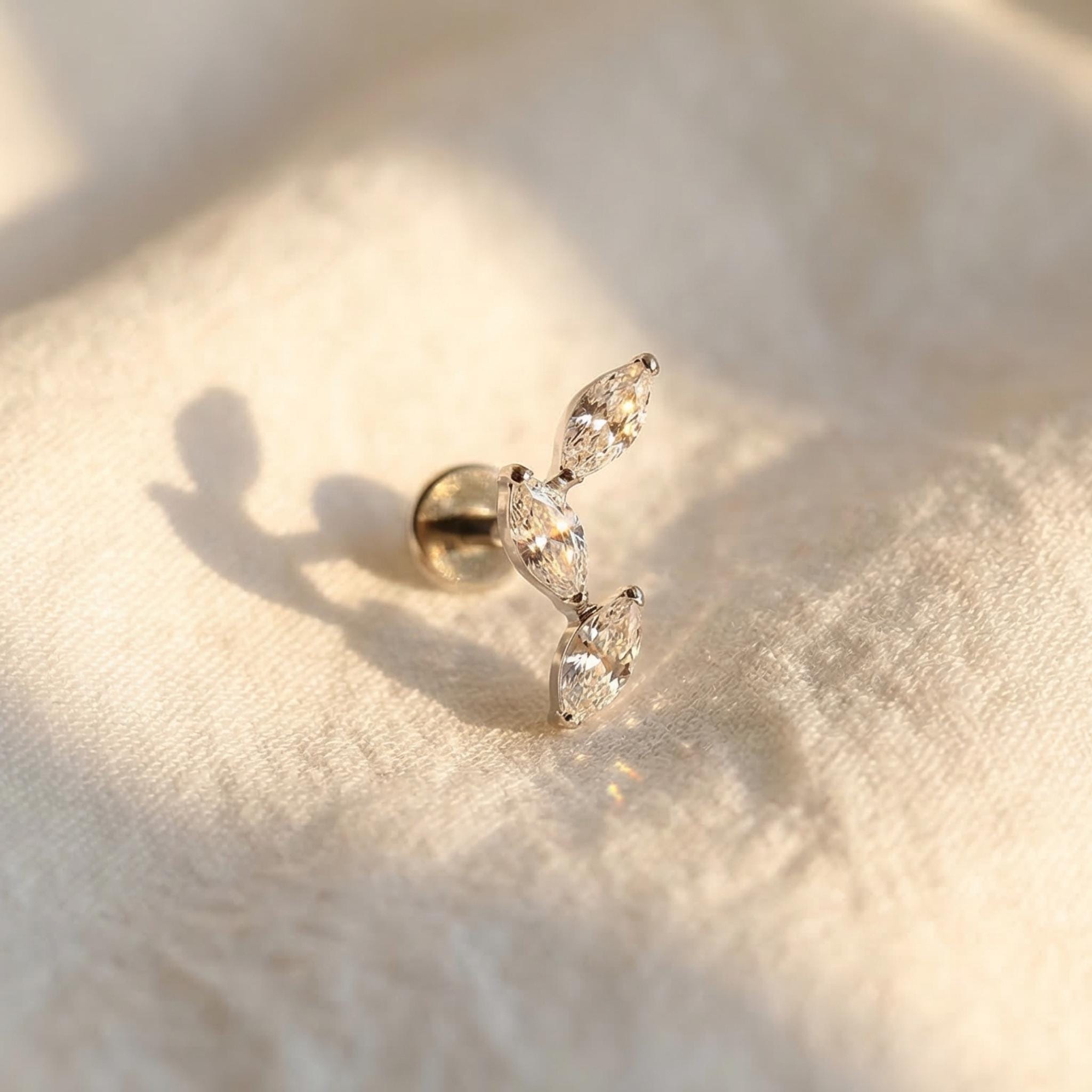 16G Titanium Triple Marquise Cluster Stud, CZ Cartilage Climber Earring, Flat Back Helix Tragus Piercing, Hypoallergenic Labret