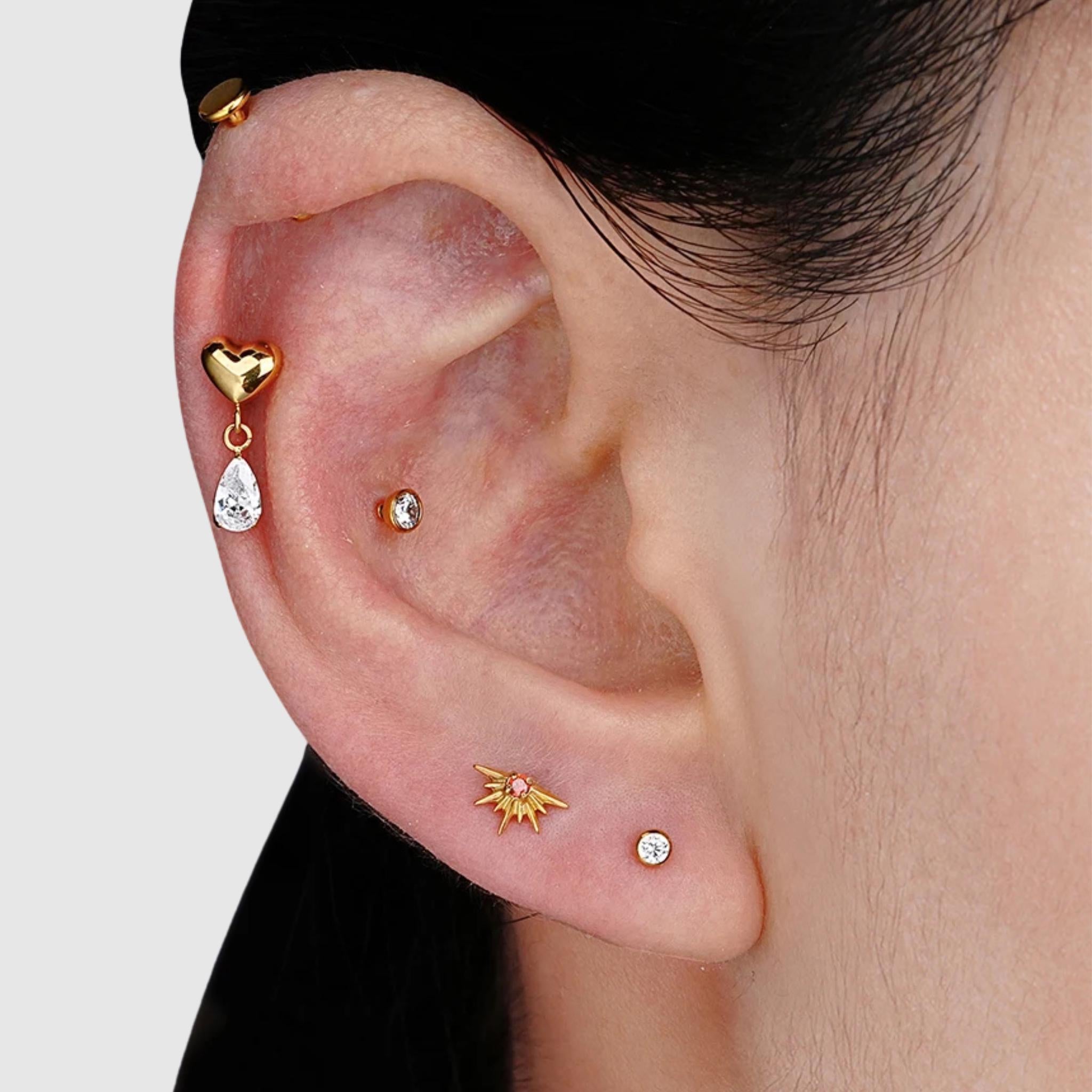 16G Titanium Heart Dangle Stud, Teardrop CZ Cartilage Earring, Flat Back Helix Tragus Piercing, Romantic Drop Labret Jewelry