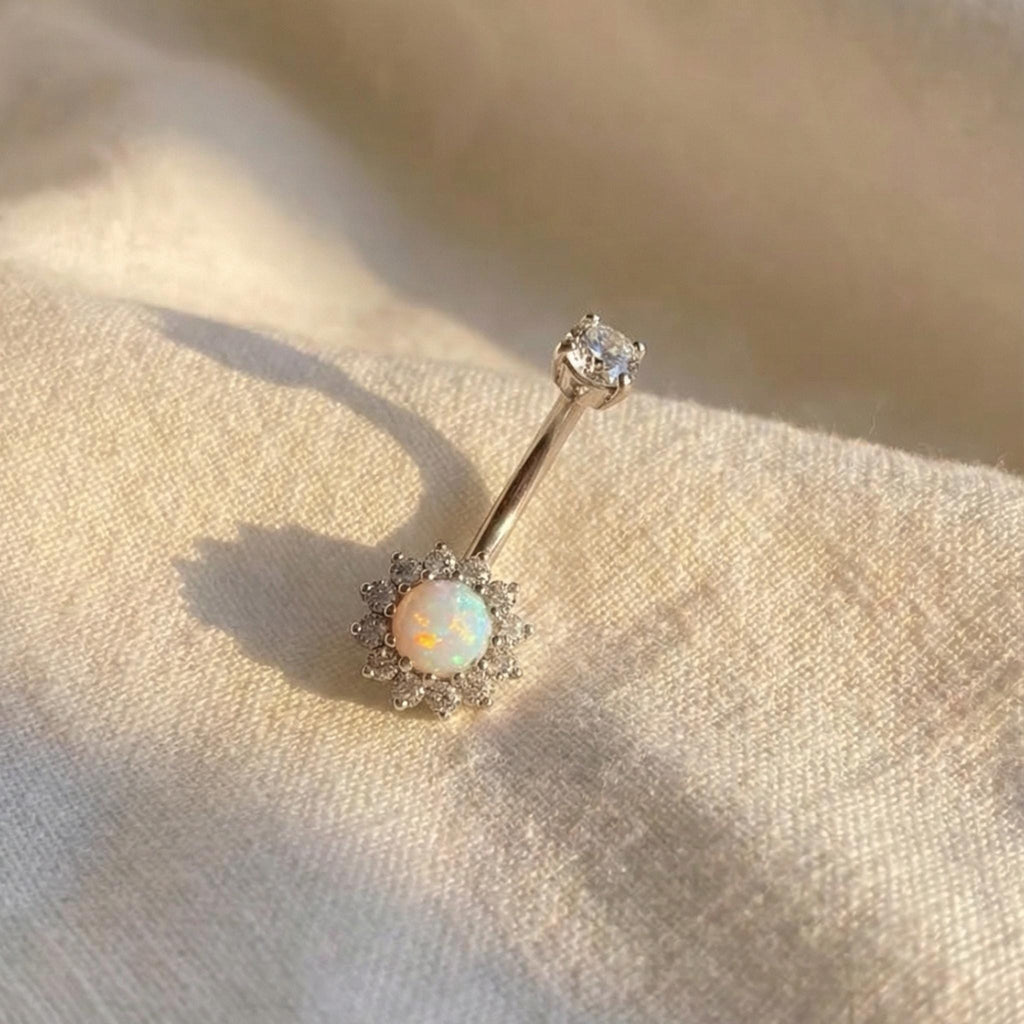 14G Titanium Halo Belly Ring, Opal Garnet CZ Navel Piercing, Luxurious Round Gem Body Jewelry, Curved Barbell ASTM F136