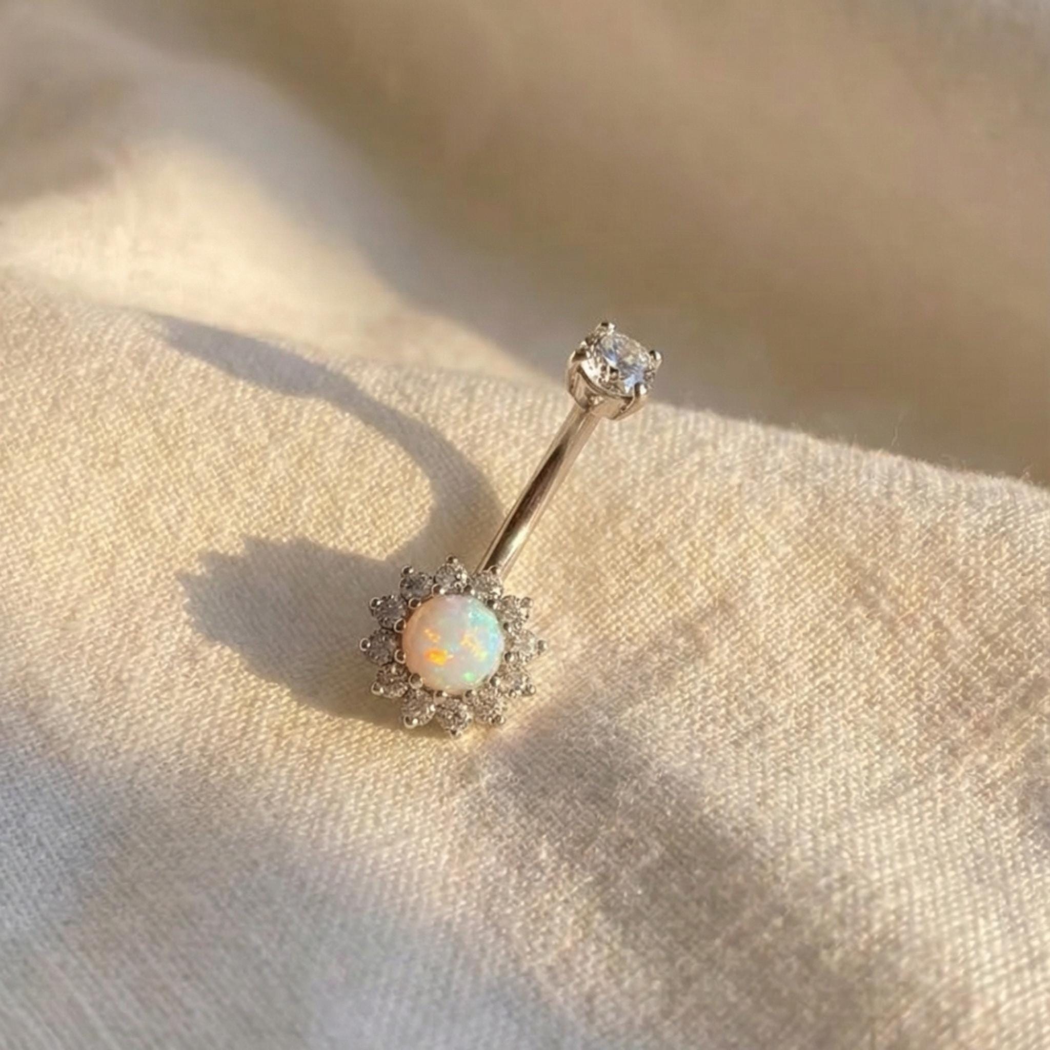 14G Titanium Halo Belly Ring, Opal Garnet CZ Navel Piercing, Luxurious Round Gem Body Jewelry, Curved Barbell ASTM F136