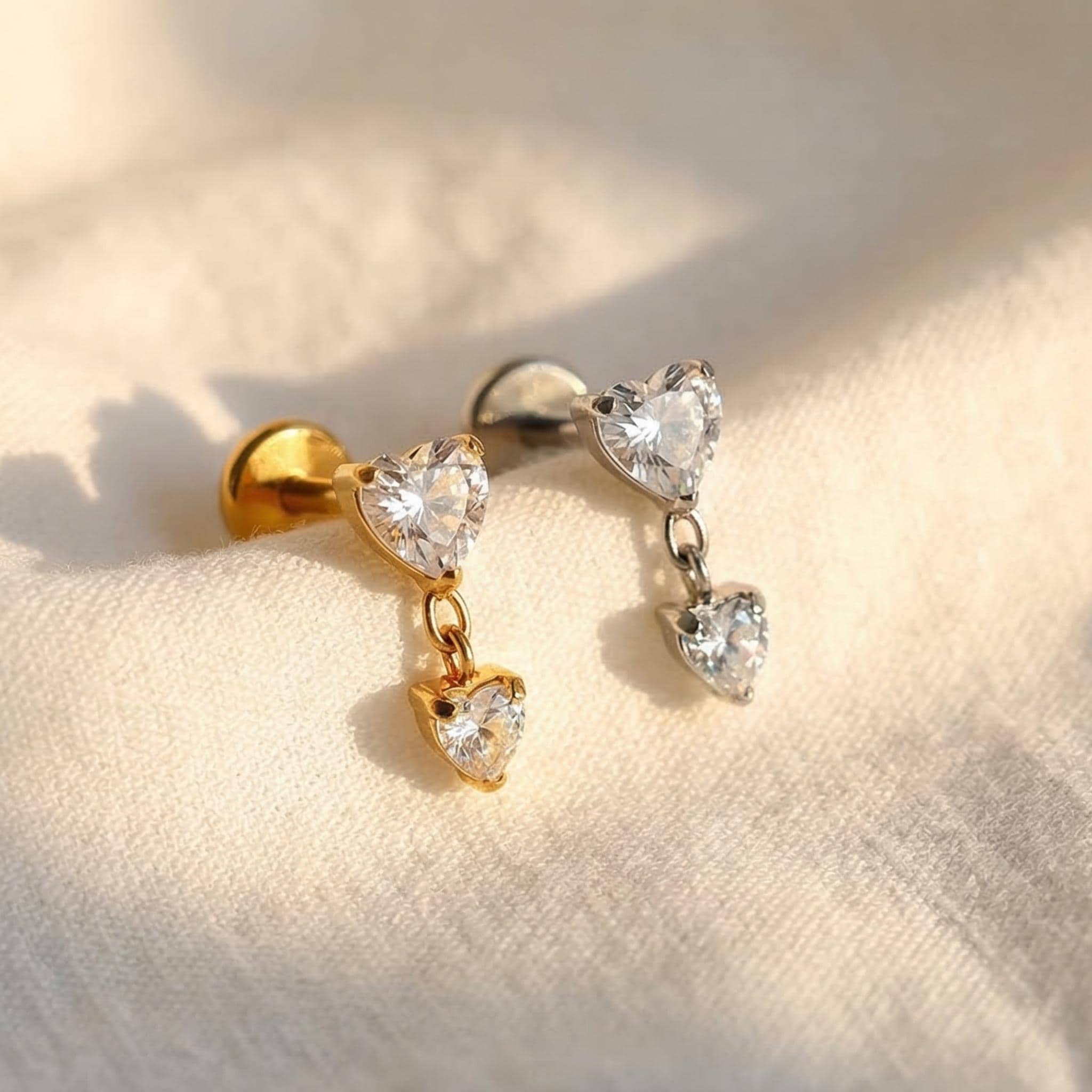 16G Titanium Heart Dangle Stud, Tiny CZ Drop Cartilage Earring, Flat Back Helix Tragus Piercing, Hypoallergenic Labret