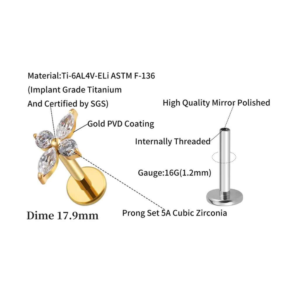 16G Flower CZ Stud Earring/Cartilage Studs/Helix Stud/Tragus Stud/Conch Earring Stud/Tiny Gold Earring Stud/Internally Threaded Earring Stud