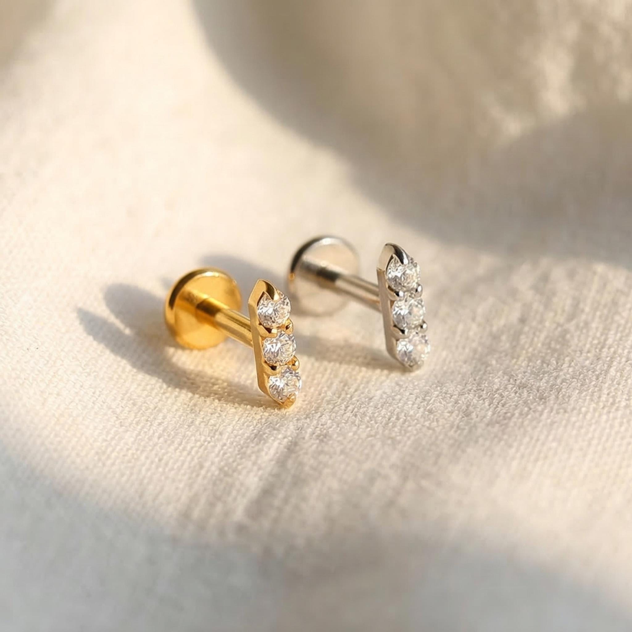 16G Titanium Triple CZ Bar Stud, Tiny Flat Back Labret, Minimalist Cartilage Helix Earring, Tragus Lip Piercing