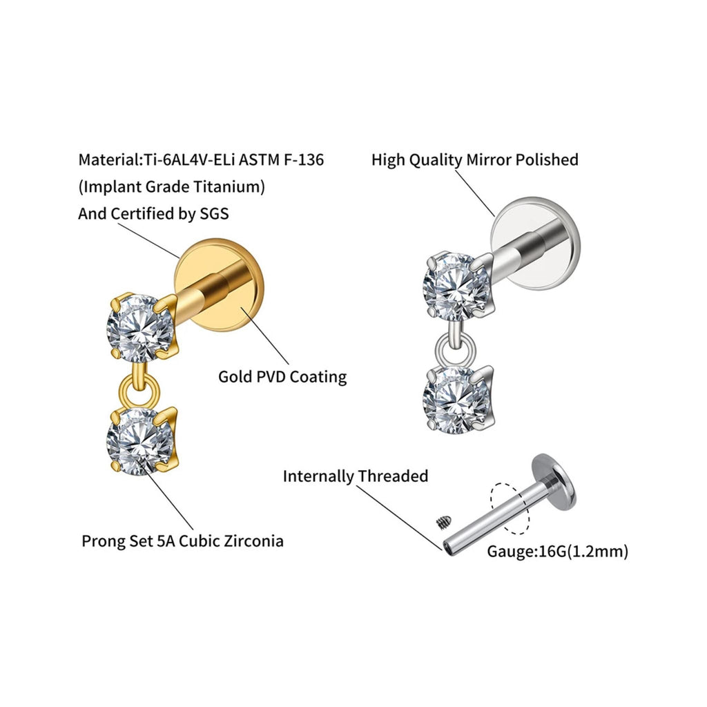 16G Titanium Double CZ Dangle Stud, Internally Threaded Tragus Piercing, Floating Drop Charm, Helix Cartilage Earring