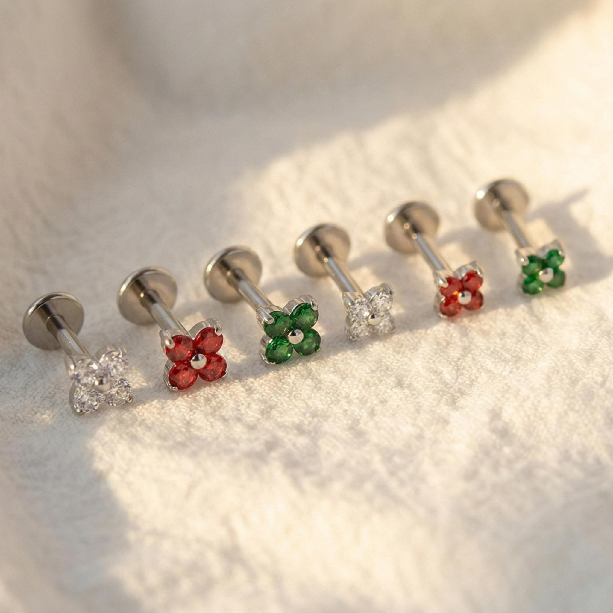 16G Titanium Clover Stud, 4 Petal Flower CZ Labret, Flat Back Helix Tragus Earring, Internally Threaded Cartilage Piercing