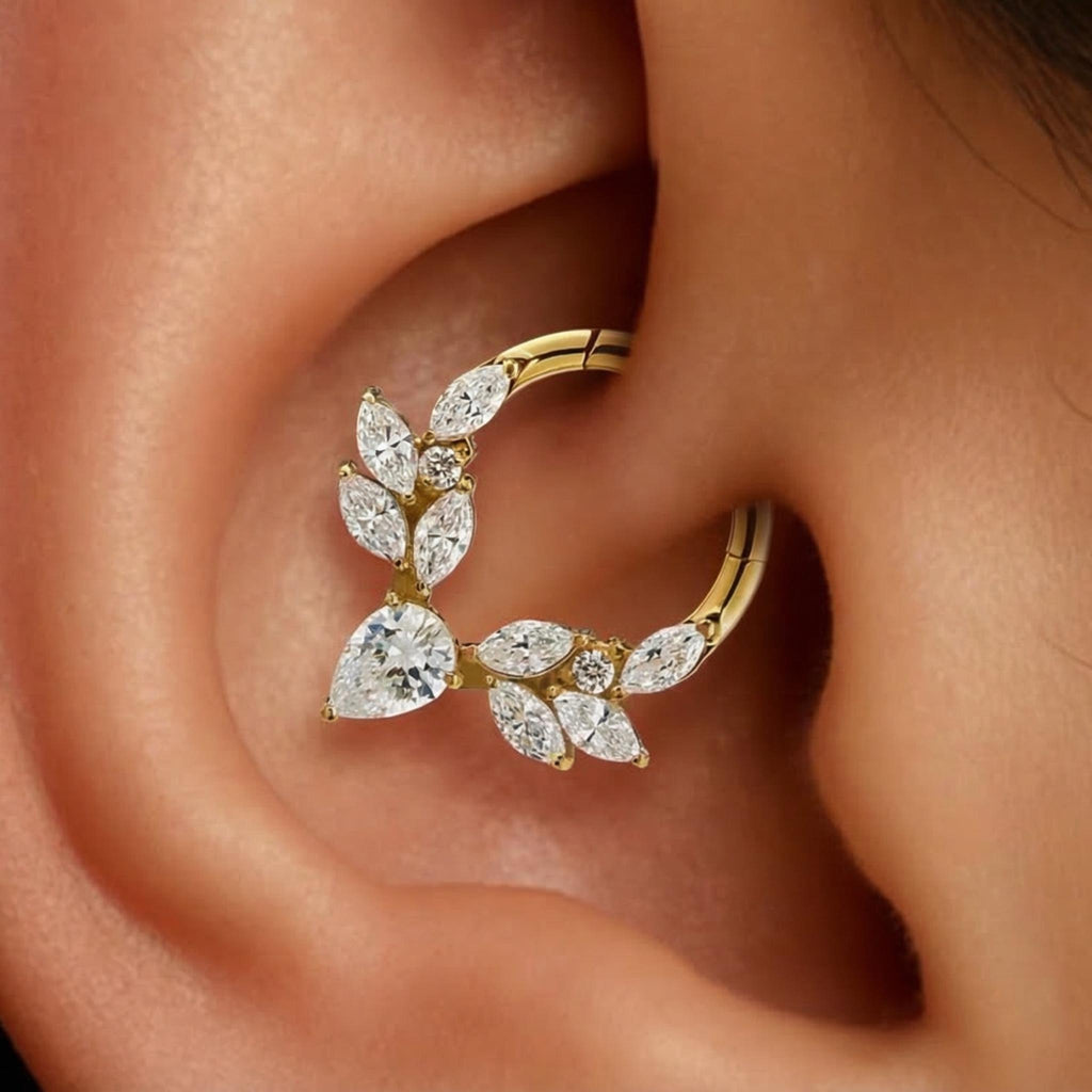 16G Titanium Vine Septum Ring, Marquise Pear CZ Daith Hoop, Botanical Helix Cartilage Earring, Floral Clicker Piercing