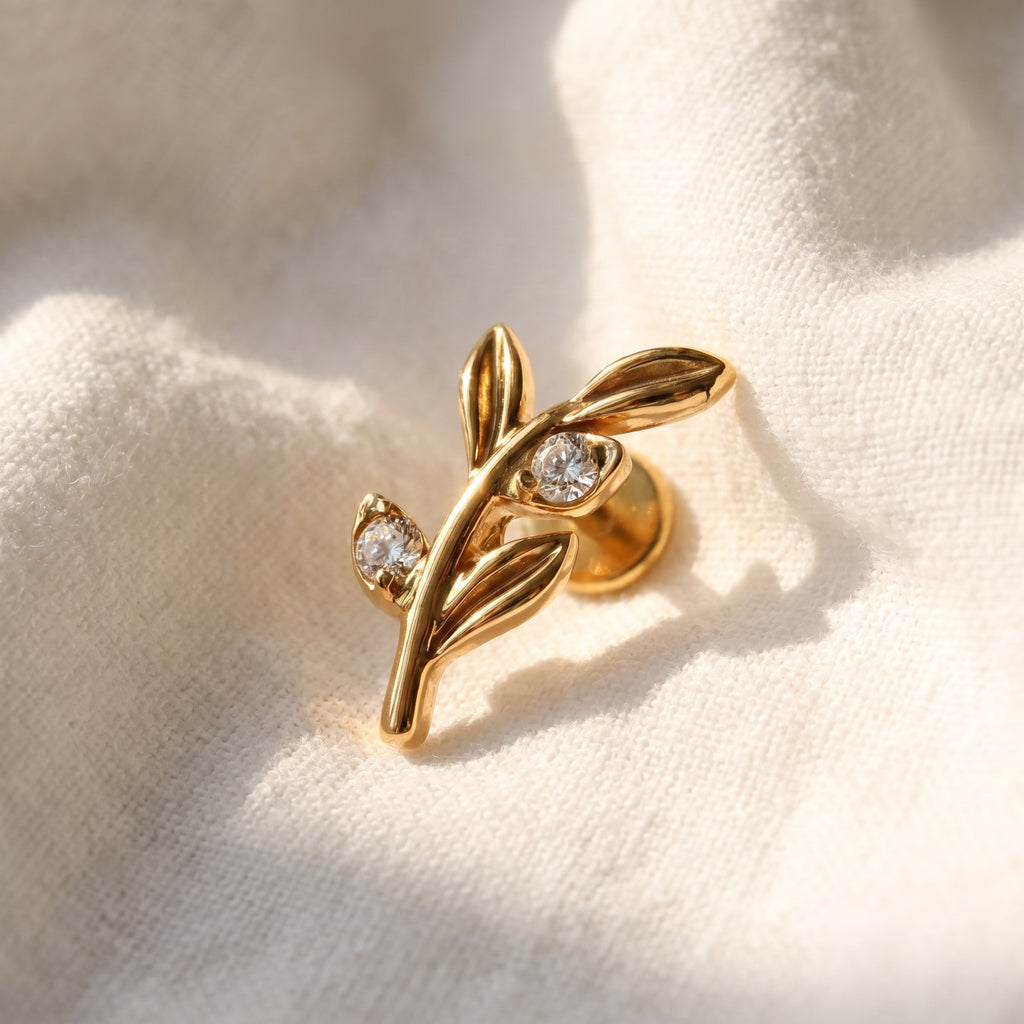 Olive Leaf Branch Stud – Titanium Dainty Cartilage & Helix Earring