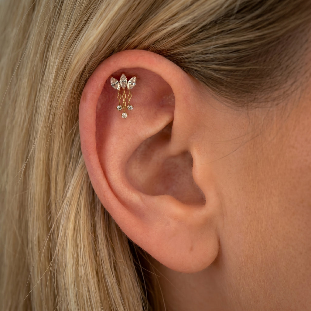 Lotus Flower Dangle Stud – Titanium CZ Chain Cartilage Earring