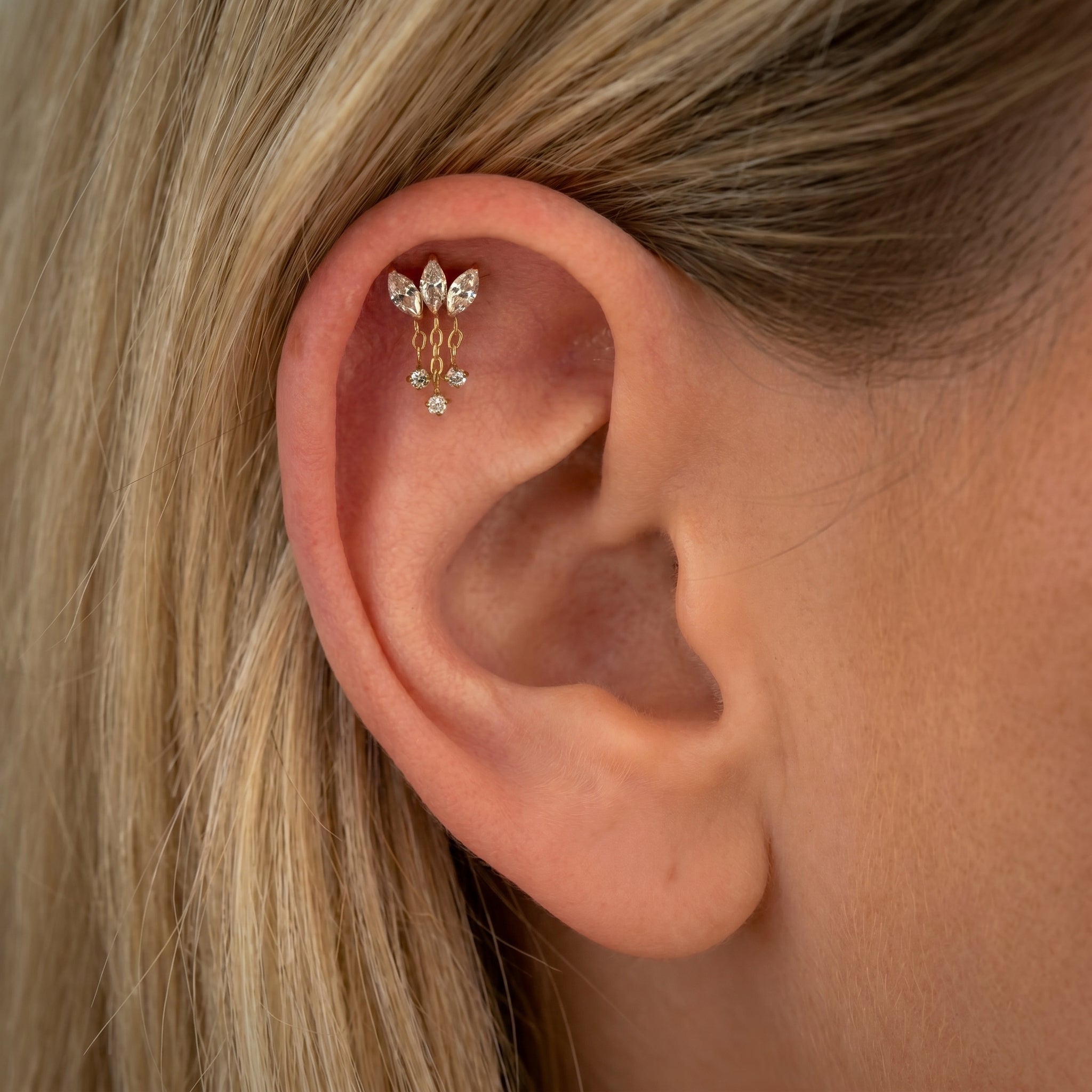 Lotus Flower Dangle Stud – Titanium CZ Chain Cartilage Earring