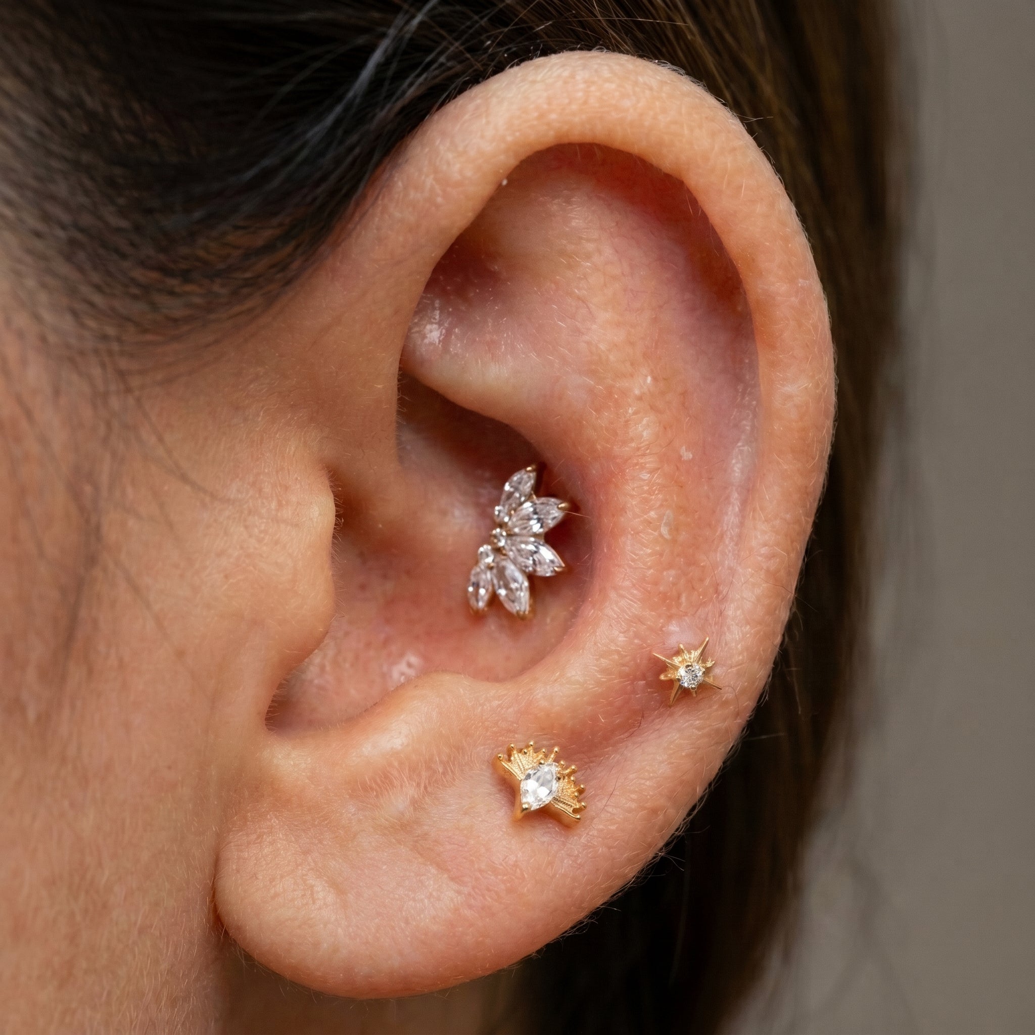 Lotus Flower Fan Stud – Titanium CZ Floral Helix & Conch Earring