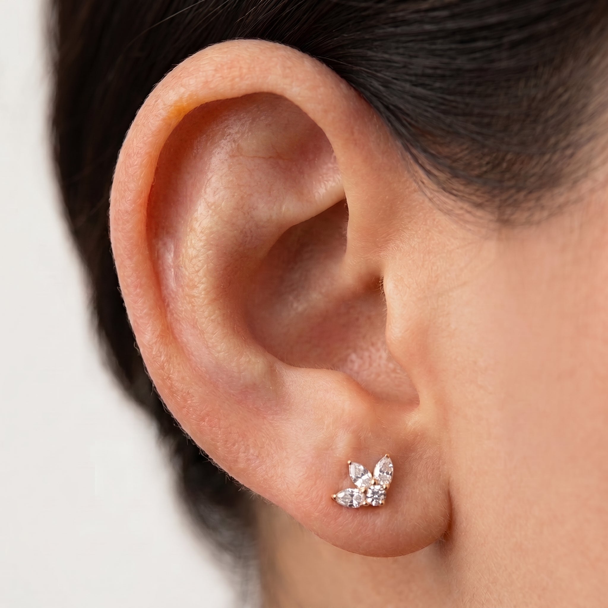 Triple Pear Fan Stud – Titanium CZ Trinity Lotus Earring