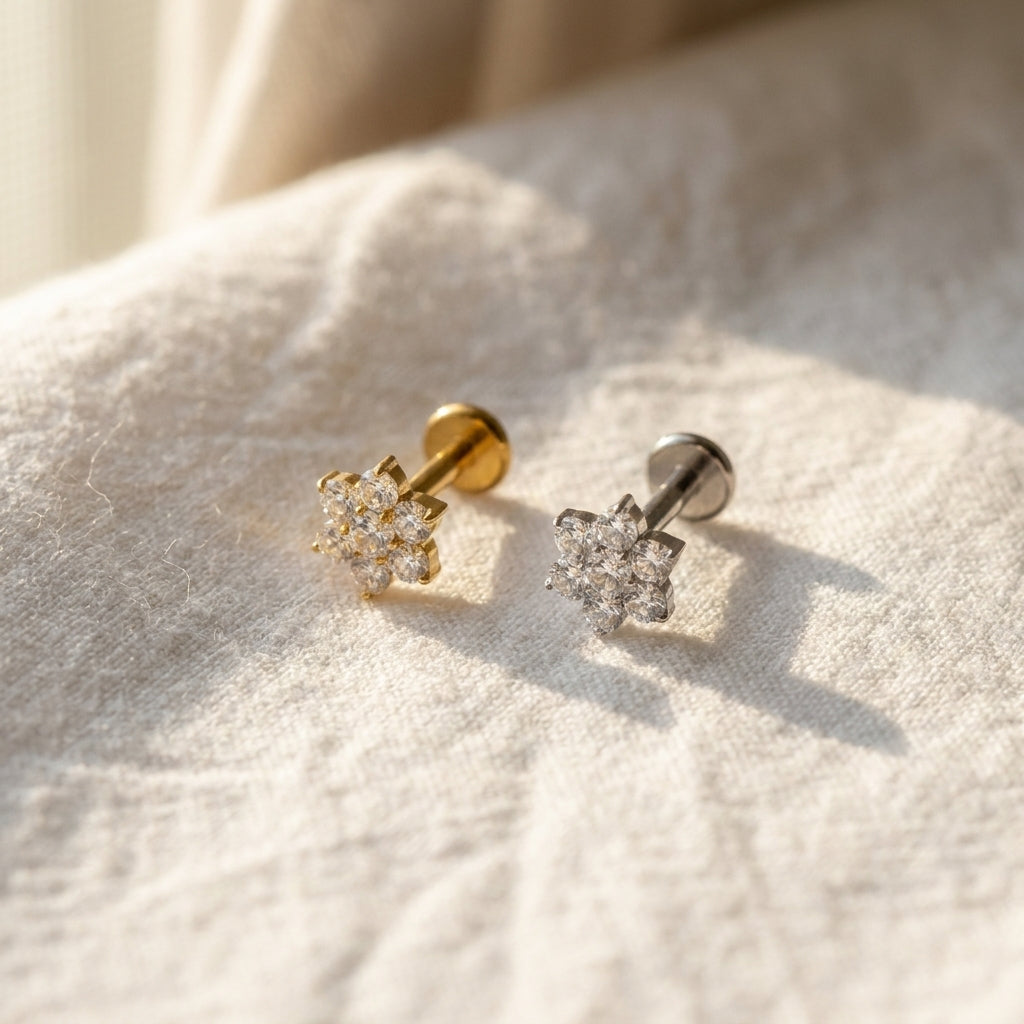 Front view of the titanium flat-back labret stud designed for forward helix, tragus and conch piercings