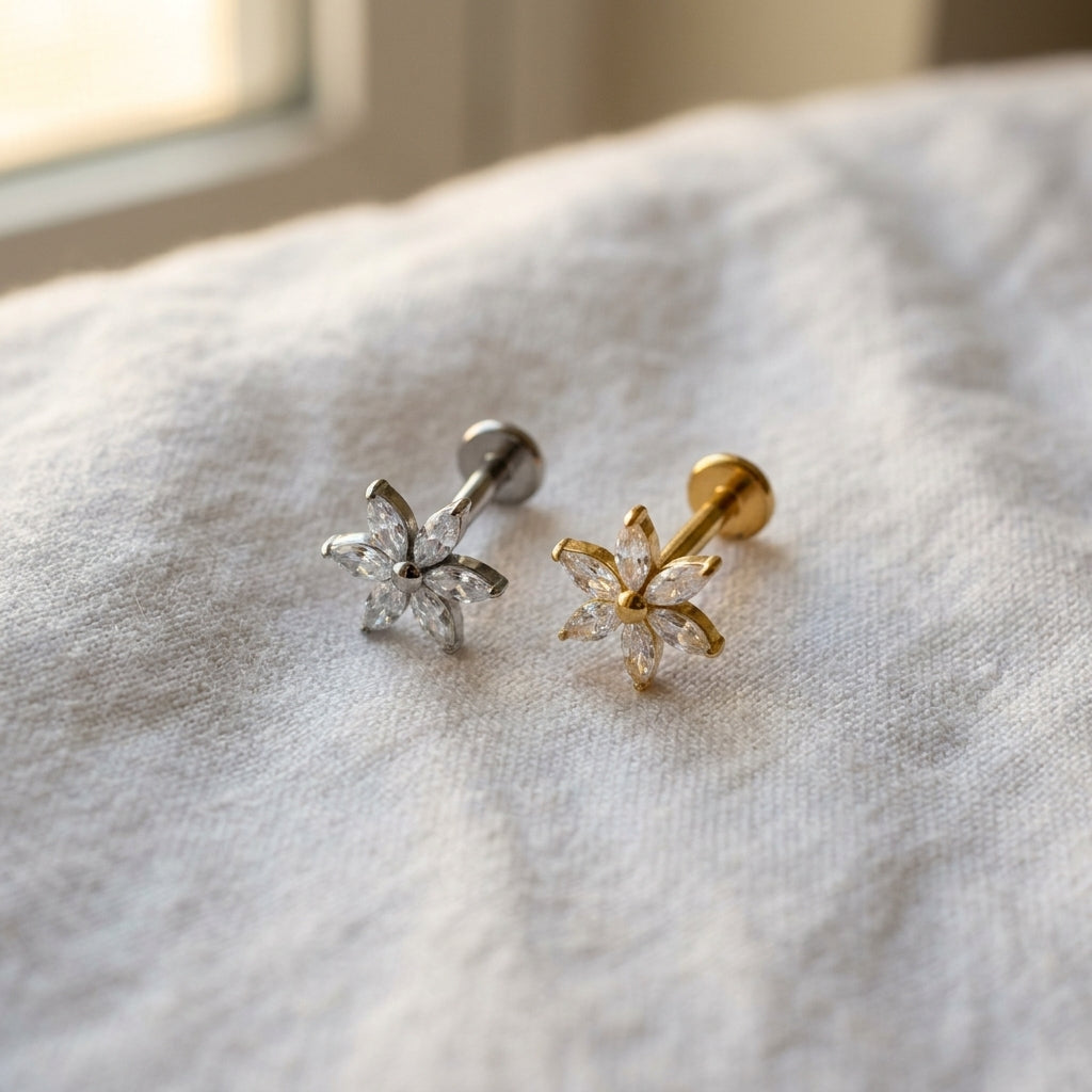 Front view of the titanium flat-back labret stud designed for helix, tragus and conch piercings