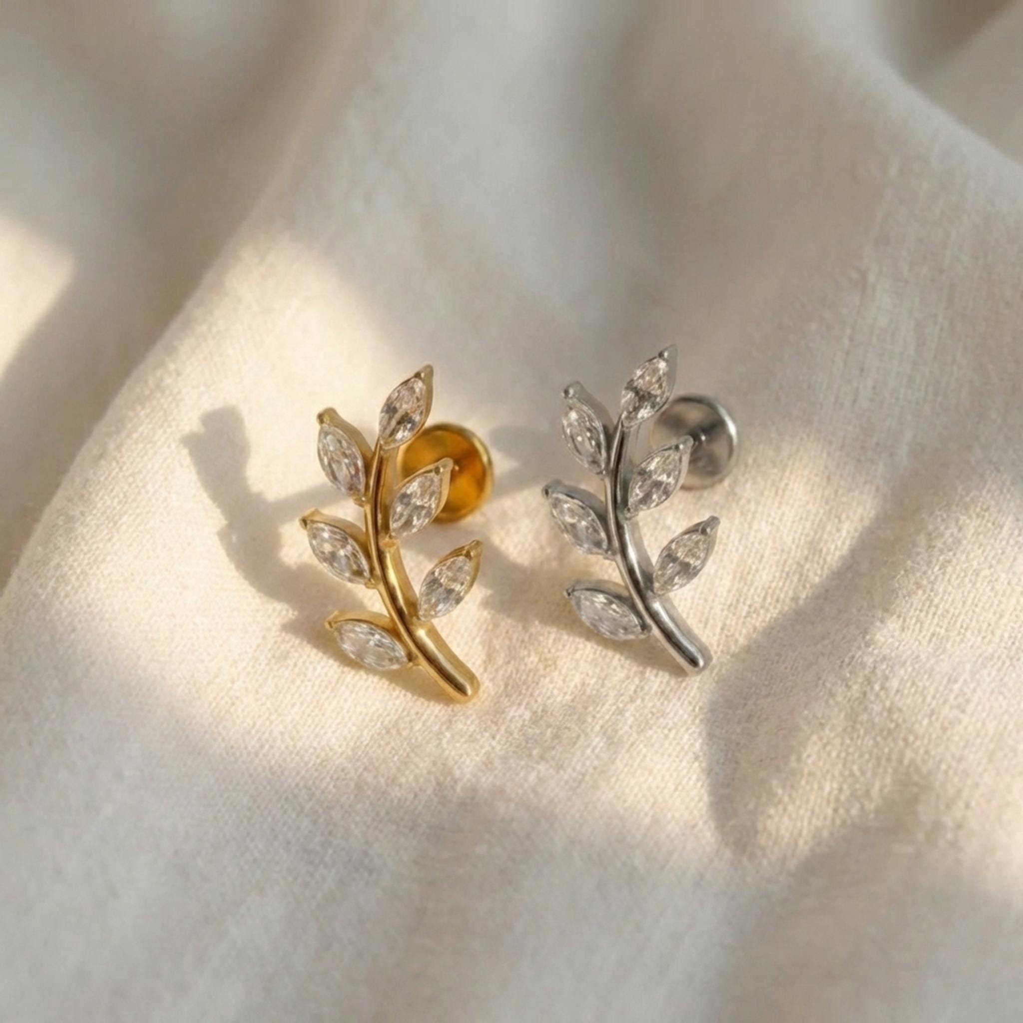 16G Titanium Marquise Leaf Stud, CZ Vine Flat Back Earring, Nature Helix Conch Tragus Piercing, Dainty Botanical Jewelry