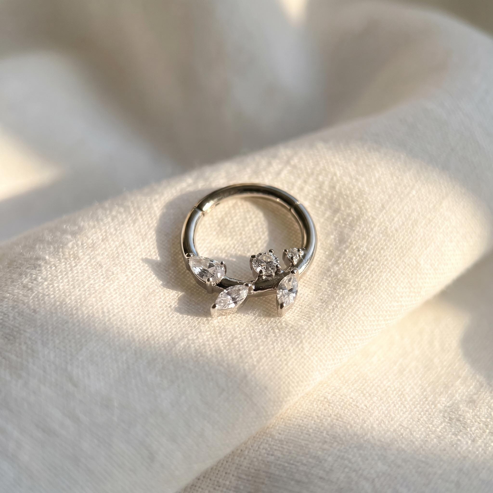 16G Titanium Amber Branch Clicker, Botanical Daith Hoop, CZ Septum Ring, Hinged Cartilage Earring, Nature Helix Piercing ASTM F136