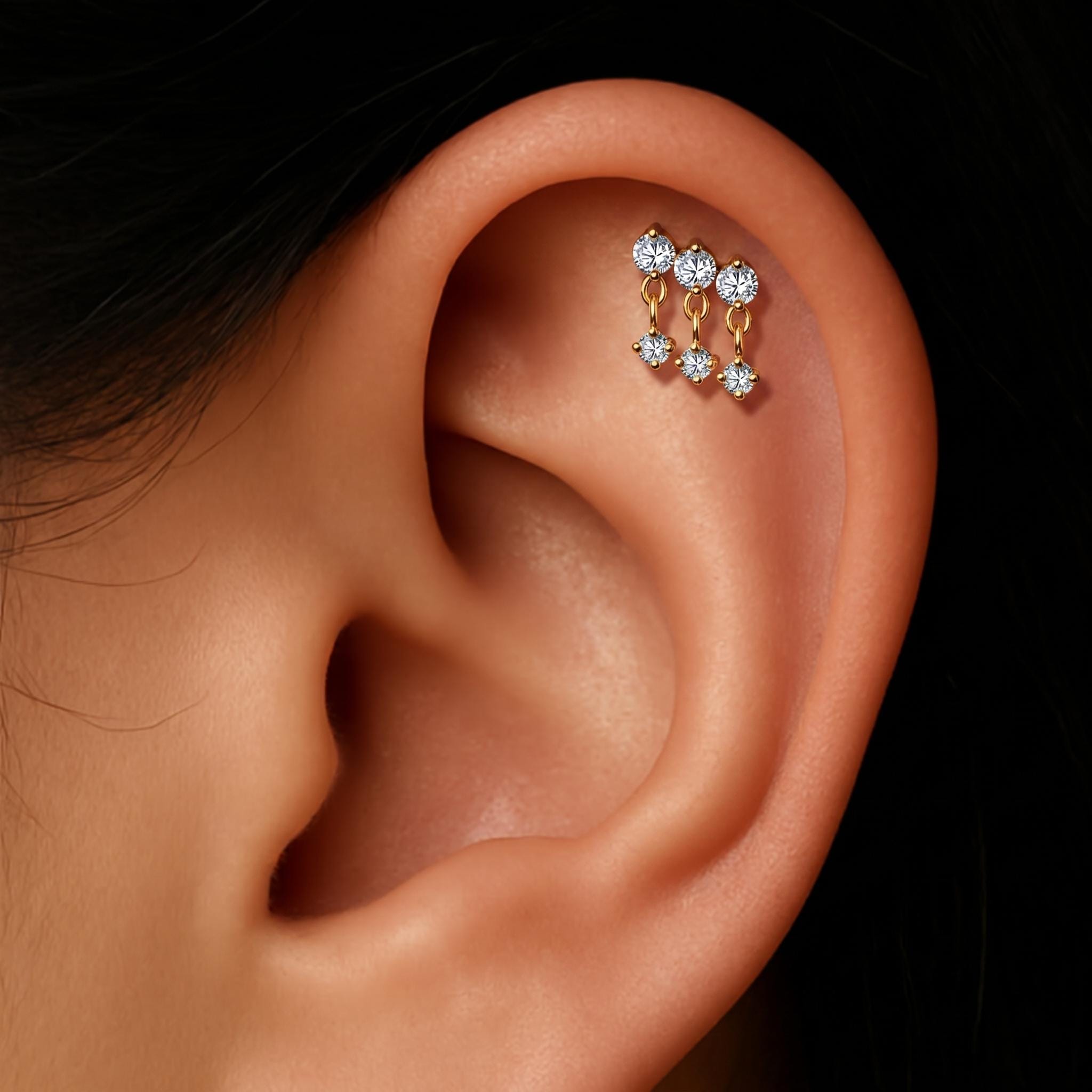16G Titanium Hidden Helix Stud, Floating Dangle Chain Earring, Triple CZ Cartilage Piercing, Flat Back Earlobe Jewelry, ASTM F136