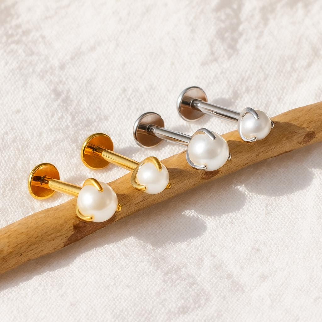 Titanium Pearl Threadless Push Pin Labret, 4mm 5mm 6mm Pearl Flat Back Earring, Cartilage Stud Earring, Pearl Conch Tragus Helix Nose Stud
