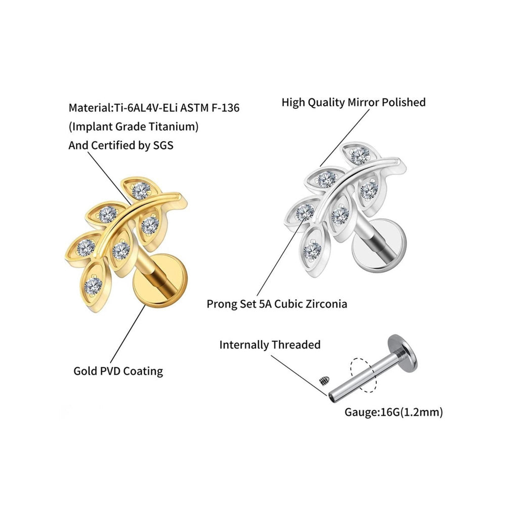 16G Titanium Micro Leaf Labret Stud, Dainty CZ Cartilage Earring, Flat Back Tragus Helix Piercing, Monroe Lip Jewelry, ASTM F136