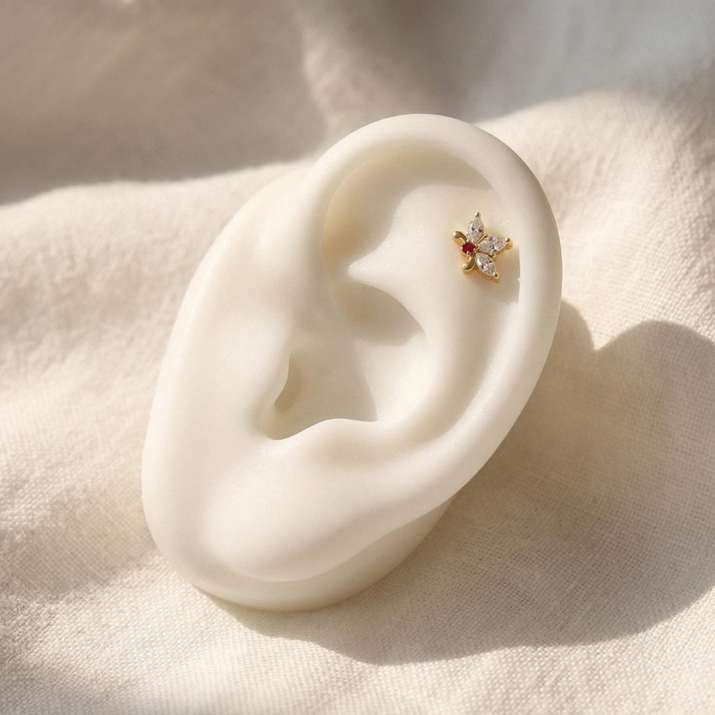 16G Red Garnet Star Stud, Marquise CZ Flat Back Labret, Vintage Cartilage Earring, Conch Helix Tragus Piercing