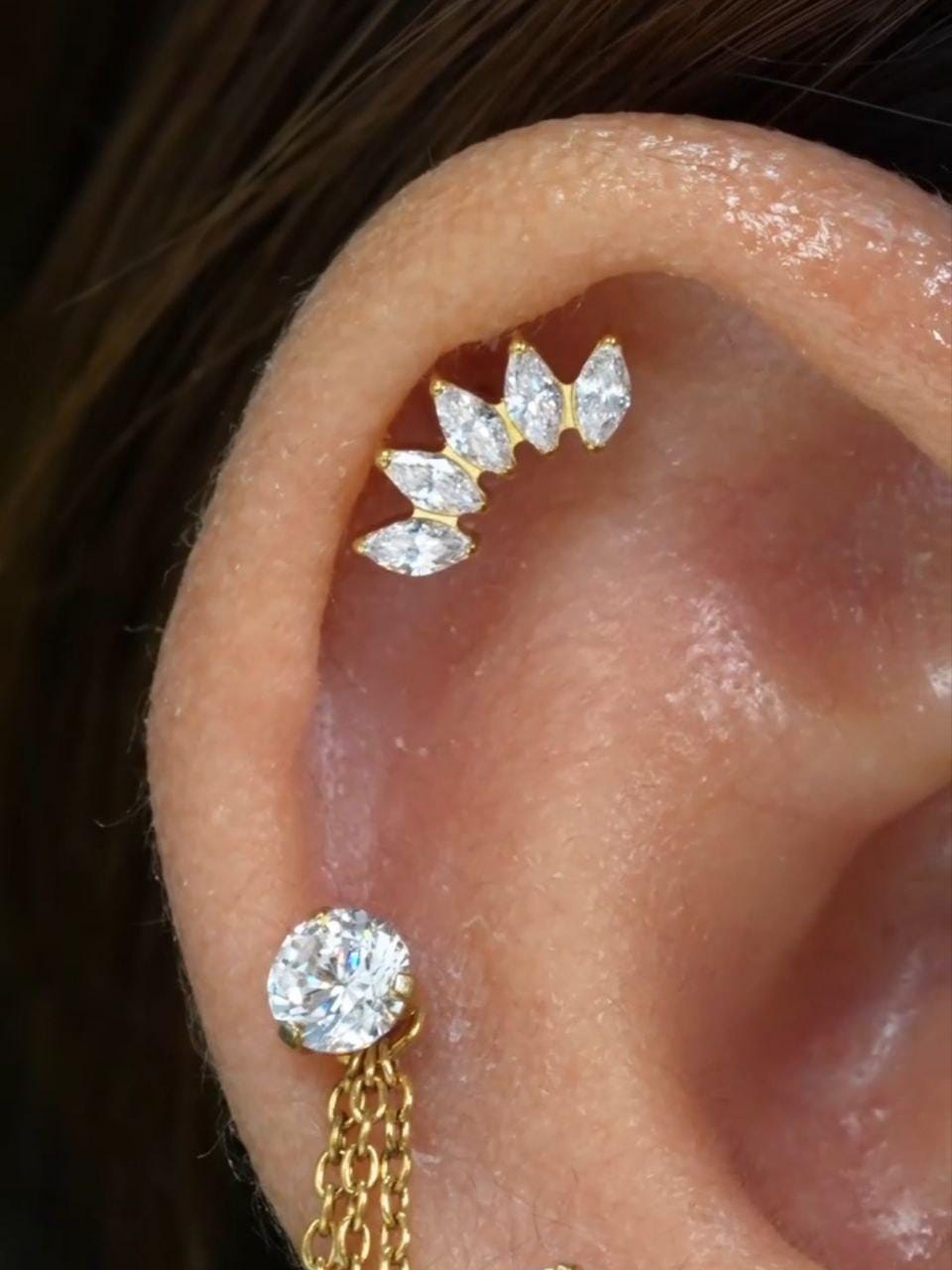 16G Titanium Marquise Fan Stud, CZ Crown Flat Back Earring, Crystal Cluster Helix Tragus Conch Piercing, Bridal Cartilage Jewelry