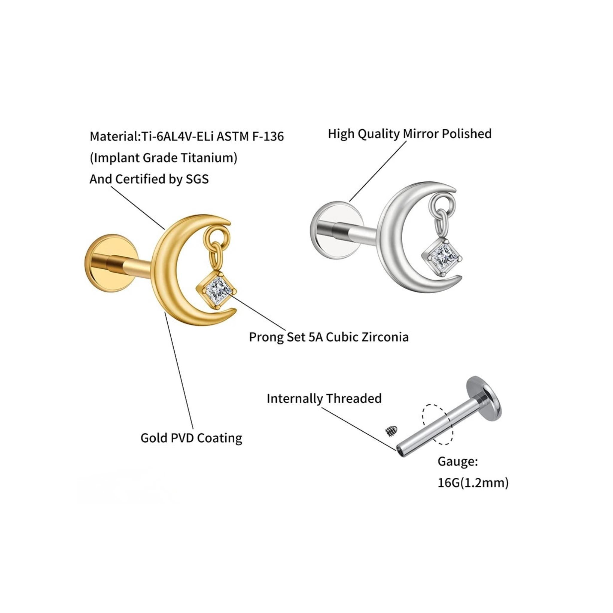 16G Titanium Moon Dangle Stud, CZ Crescent Flat Back Earring, Sparkly Helix Tragus Conch Piercing, Tiny Celestial Drop Jewelry