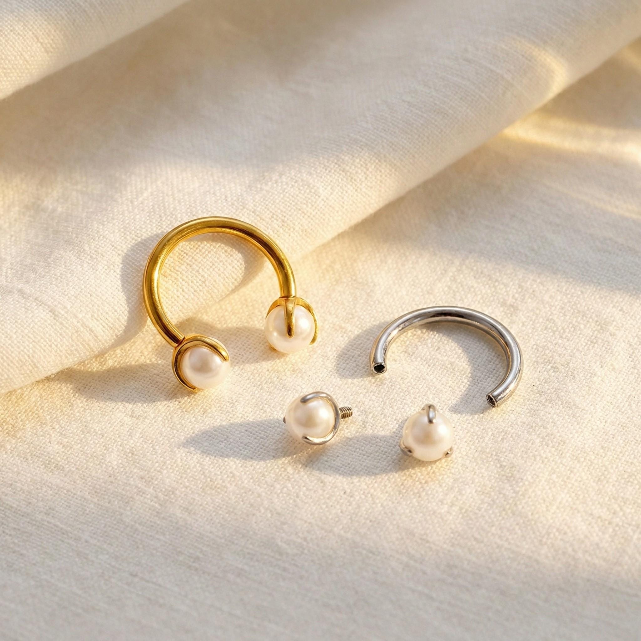 16G Titanium Pearl Horseshoe, Circular Barbell Septum Ring, White Pearl Daith Hoop, Hypoallergenic Cartilage Helix, Bridal Jewelry