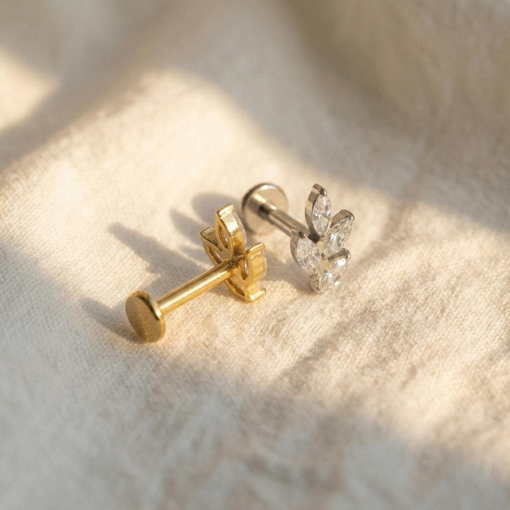 Titanium Marquise Cluster Labret, 16G Leaf Stud, Flat Back Earring, Helix Conch Tragus, Nature Inspired Jewelry