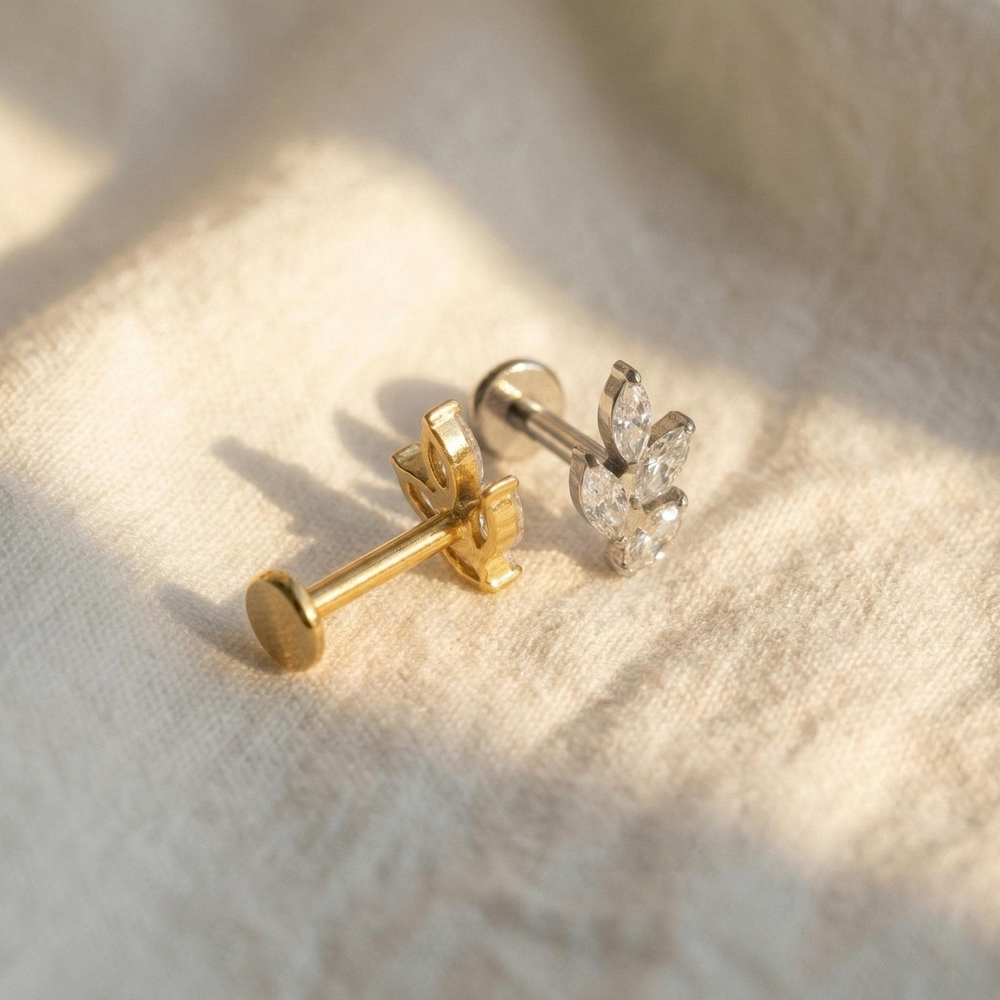 Titanium Marquise Cluster Labret, 16G Leaf Stud, Flat Back Earring, Helix Conch Tragus, Nature Inspired Jewelry