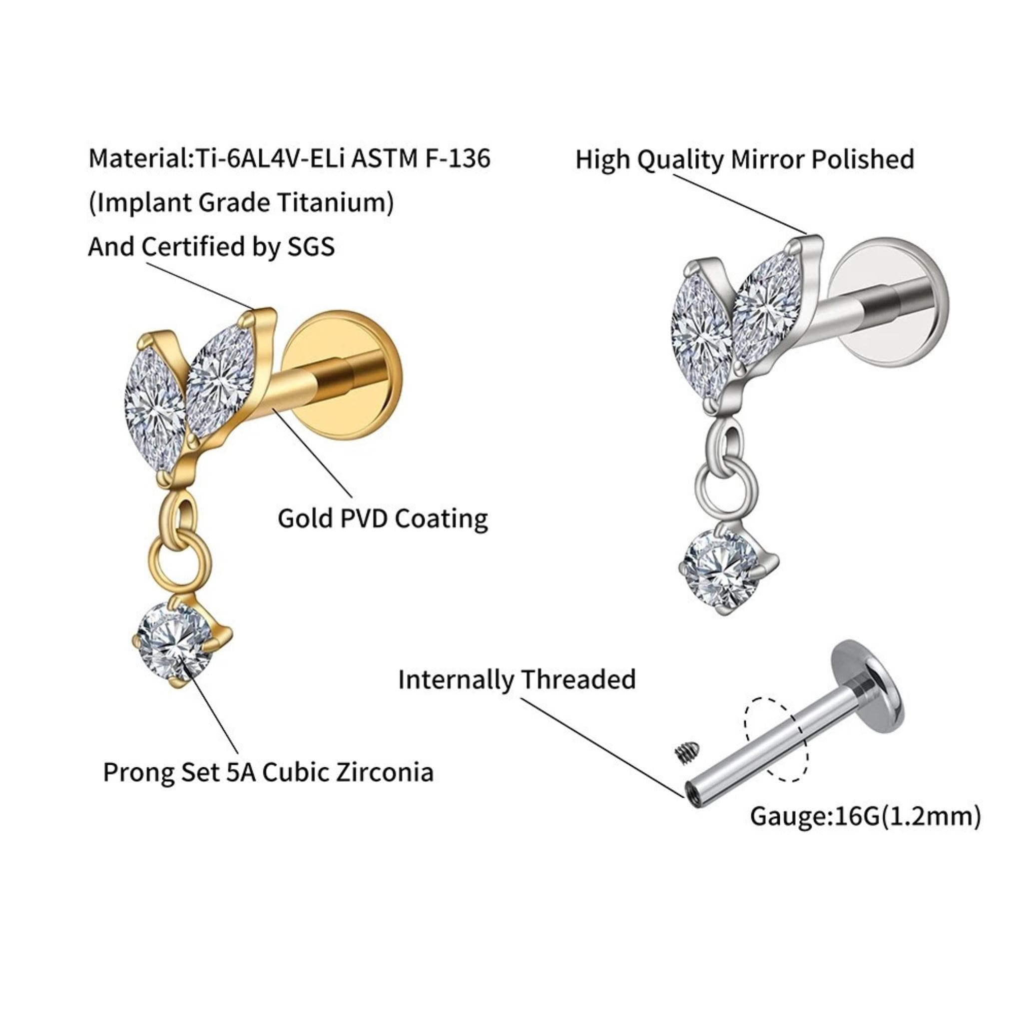 16G Titanium Marquise Dangle Internally Threaded Labret • Flat Back Helix, Tragus & Cartilage Stud Piercing Jewelry