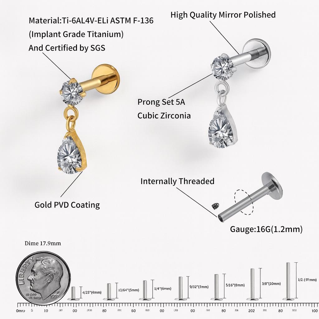 16G Titanium Teardrop Dangle Stud, Waterdrop CZ Flat Back Labret, Helix Tragus Cartilage Earring, Hypoallergenic Drop Piercing
