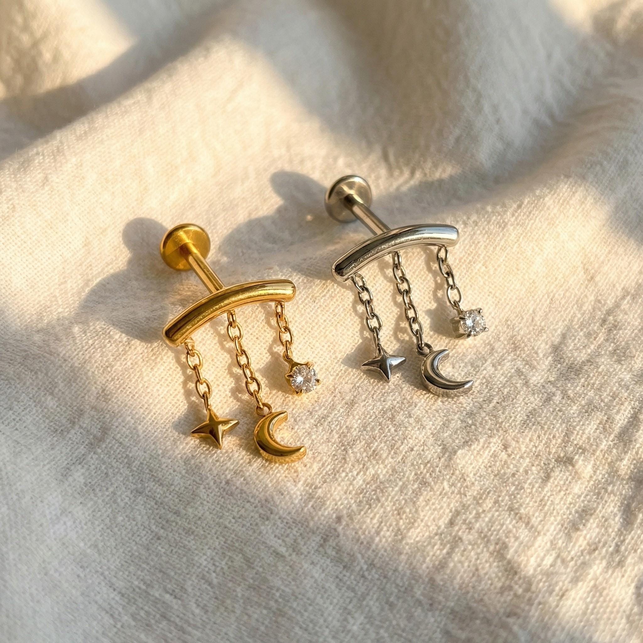 16G Titanium Hidden Helix Chain, Star Moon Dangle Earring, Floating Helix Piercing, CZ Celestial Cartilage Jewelry, Waterfall Stud