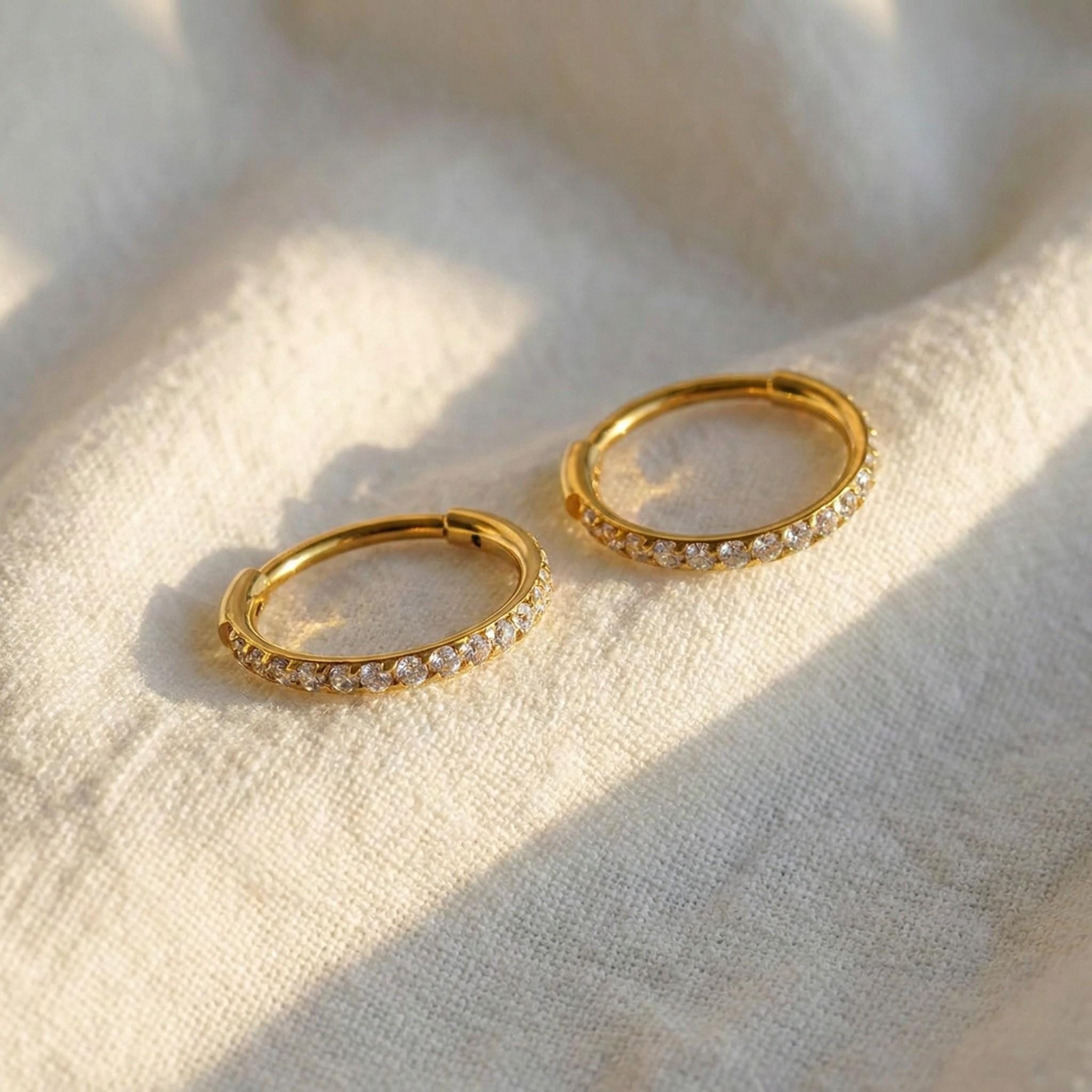 16G Titanium Slim CZ Huggie Hoop, Skinny Paved Clicker, Minimalist Helix Tragus Rook Earring, Hypoallergenic Sleeper Ring