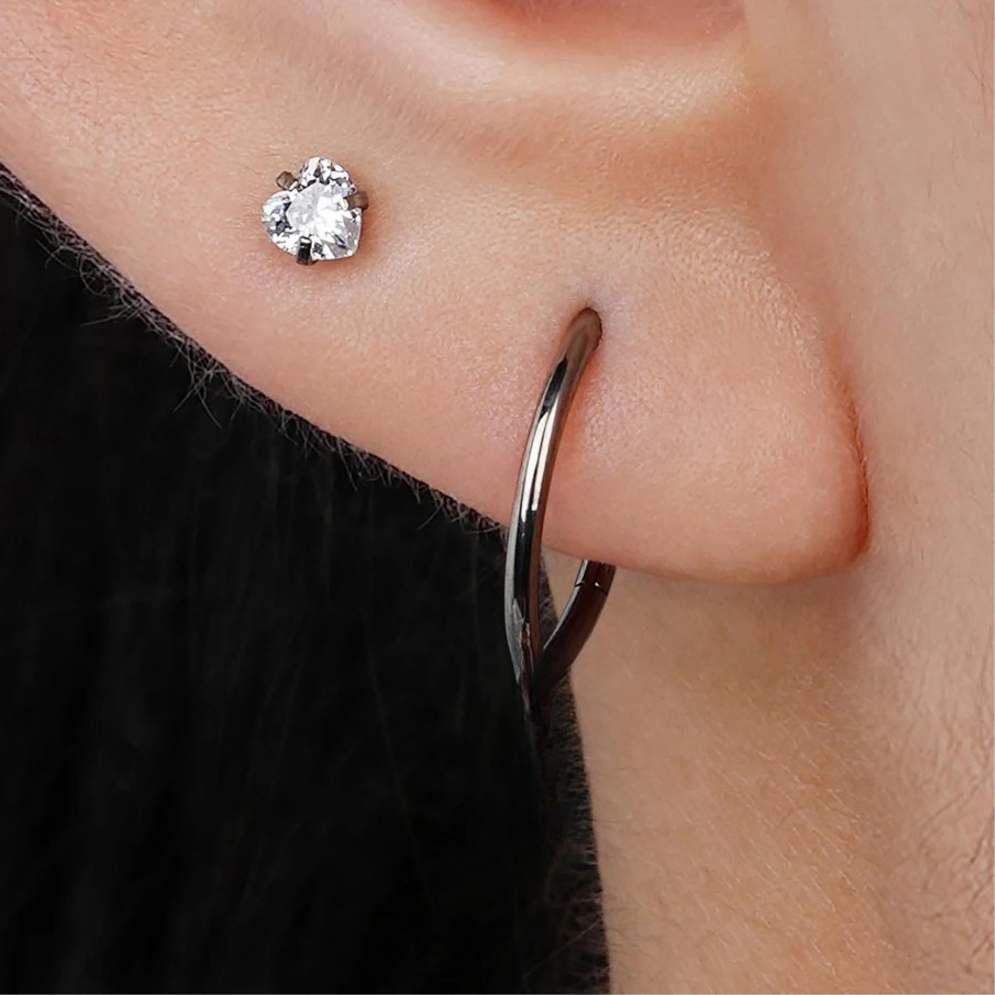 16G Titanium Heart CZ Stud, Internally Threaded Flat Back Labret, Tragus Helix Cartilage Earring, Hypoallergenic Nose Piercing