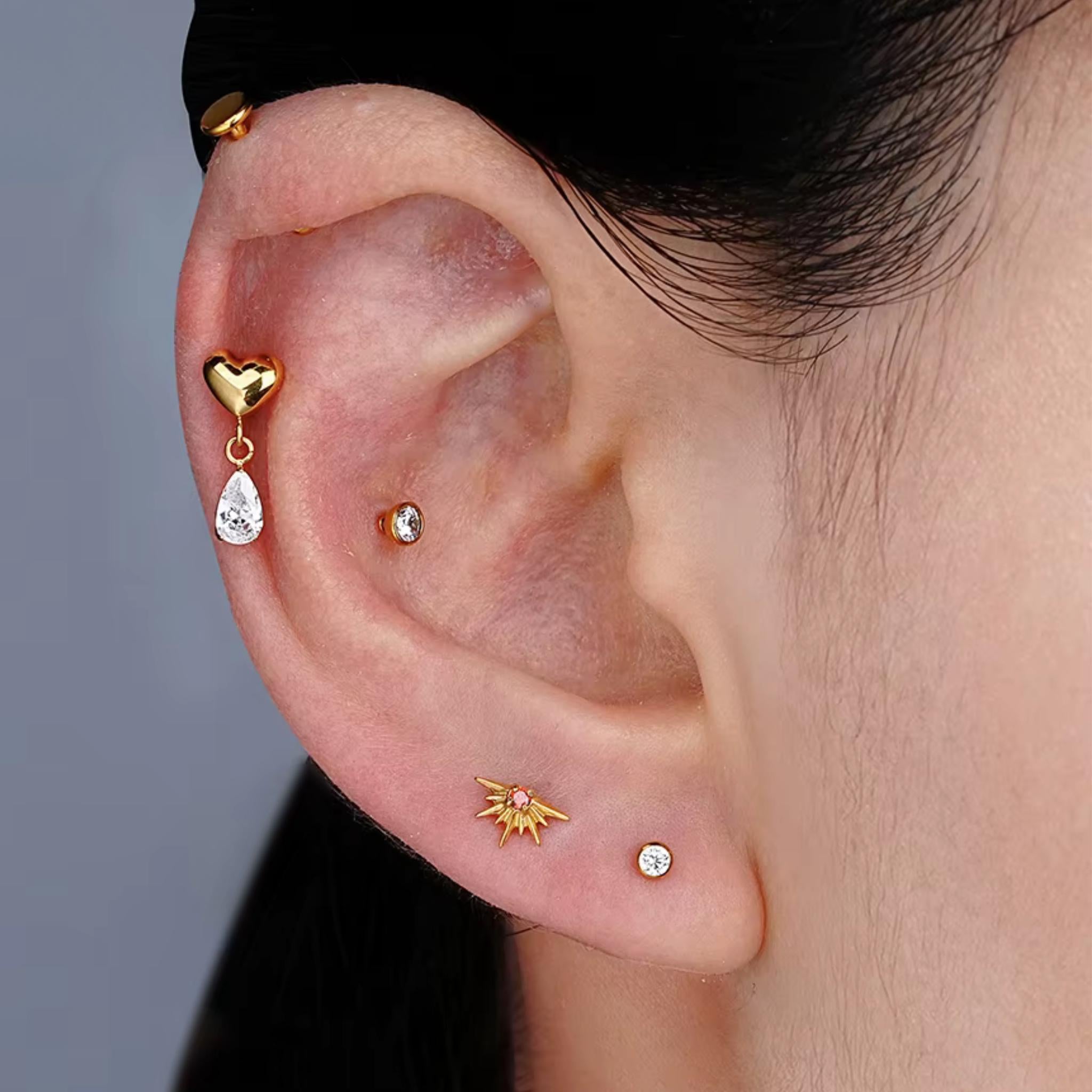 16G Titanium CZ Starburst Stud • Sunrise Flat Back Earring for Helix, Tragus, Cartilage & Monroe Piercings